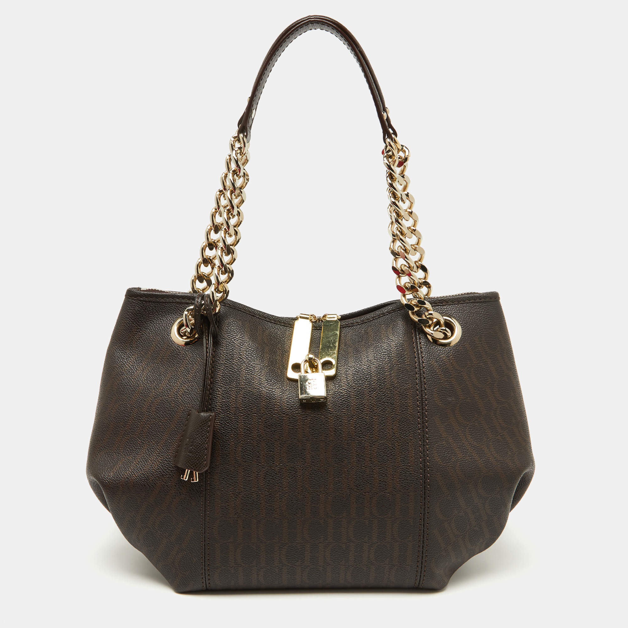 Pre Owned CH Carolina Herrera Brown Monogram Coated Canvas and Leather Dahlia Hobo