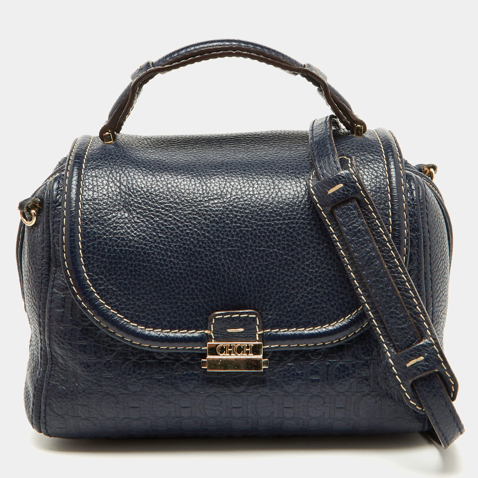 CH Carolina Herrera Navy Blue Monogram Embossed Leather Flap Top Handle Bag