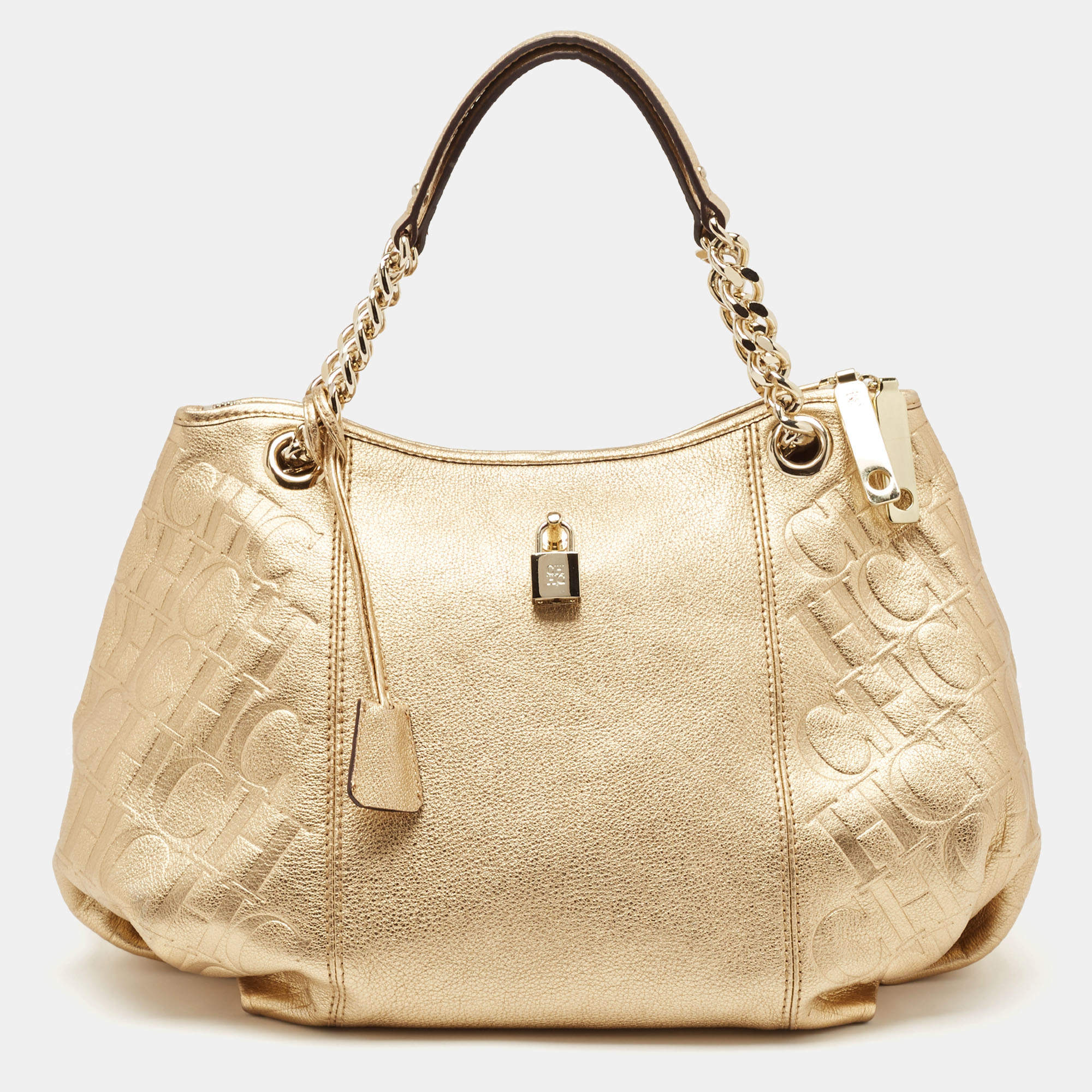 Pre Owned CH Carolina Herrera Gold Monogram Embossed Leather Dahlia Hobo