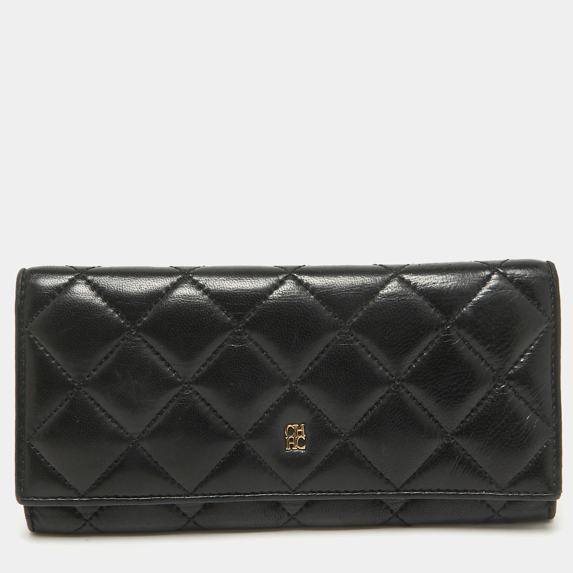 CH Carolina Herrera Black Quilted Leather Trifold Wallet
