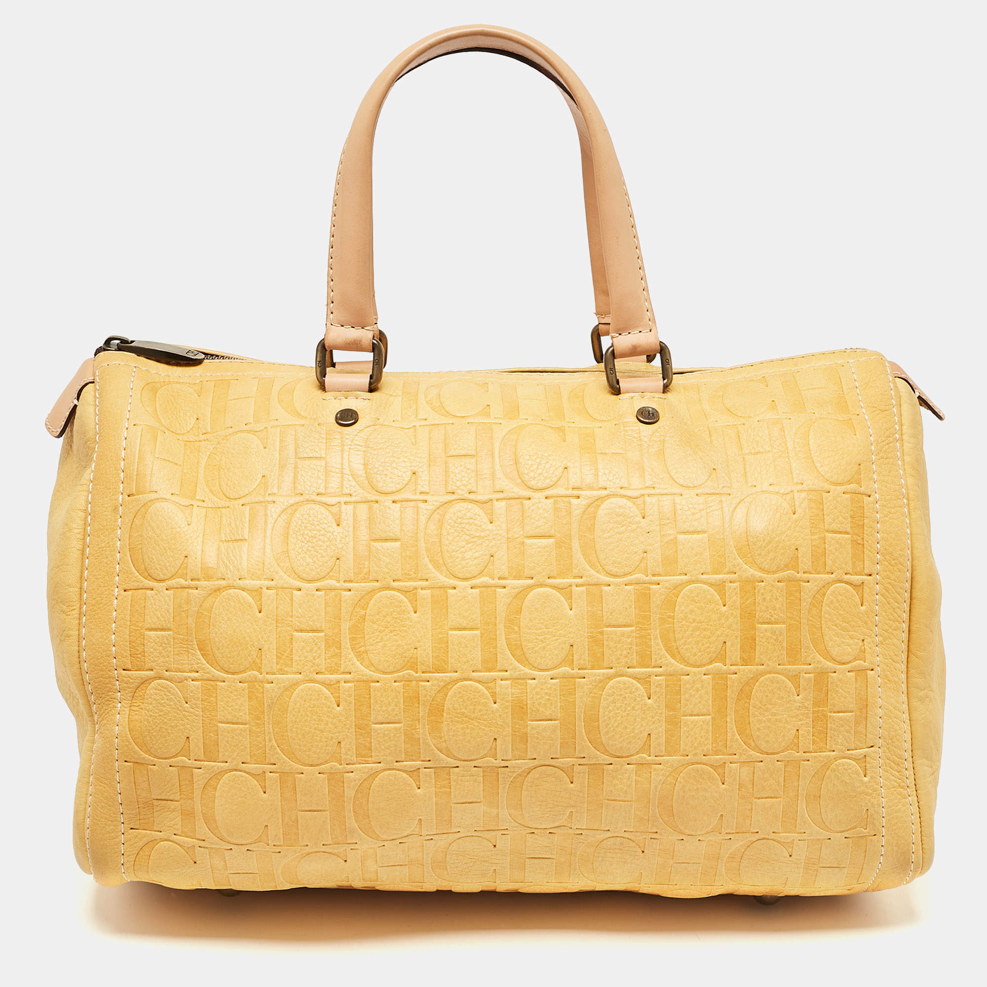 Pre Owned CH Carolina Herrera Yellow Monogram Embossed Leather Large Andy Boston Bag