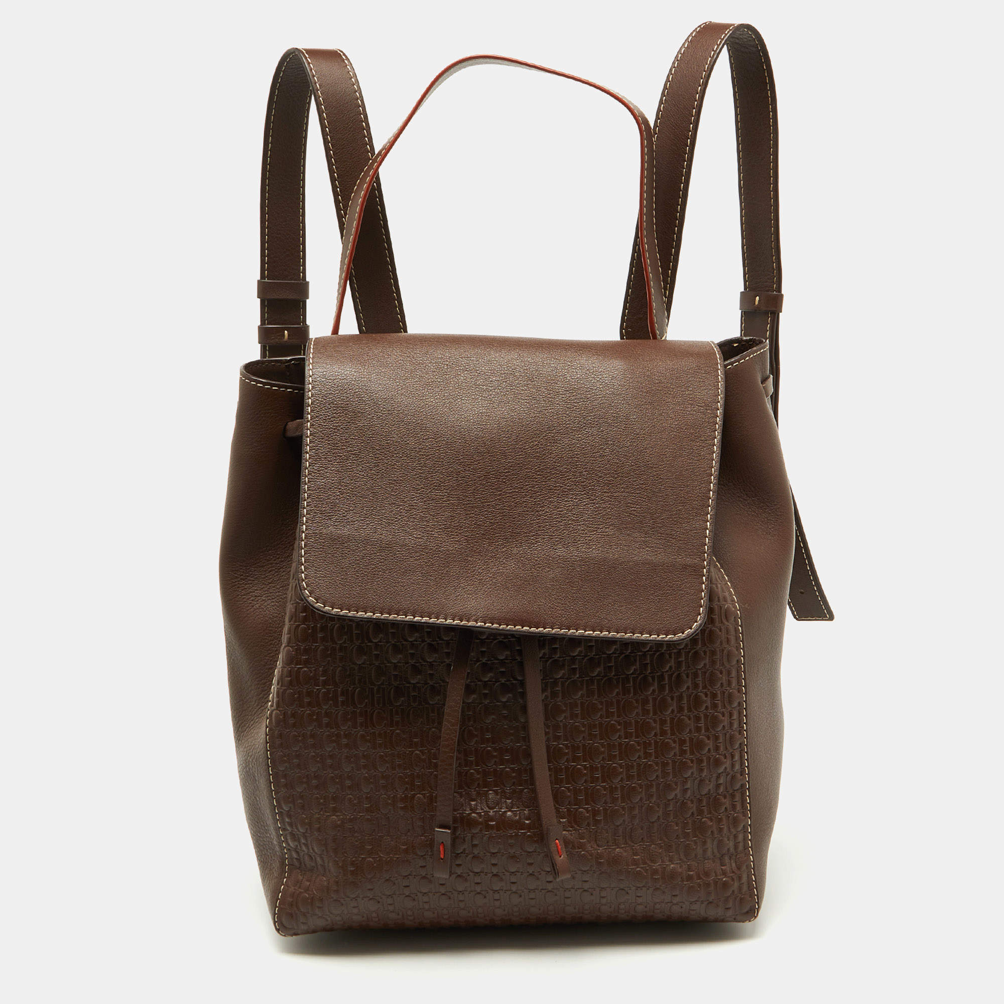 CH Carolina Herrera Brown Monogram Embossed Leather Flap Backpack