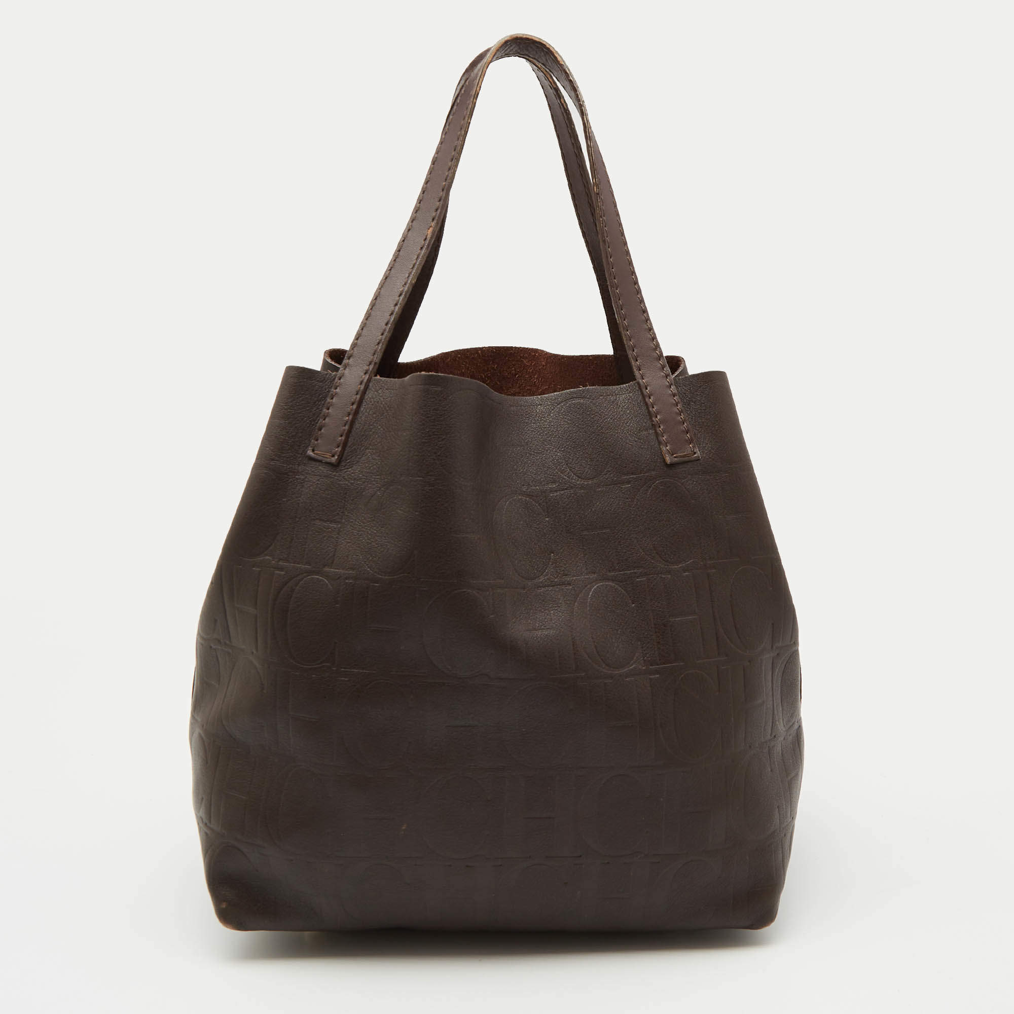 Pre Owned CH Carolina Herrera Choco Brown Monogram Leather Matryoshka Tote