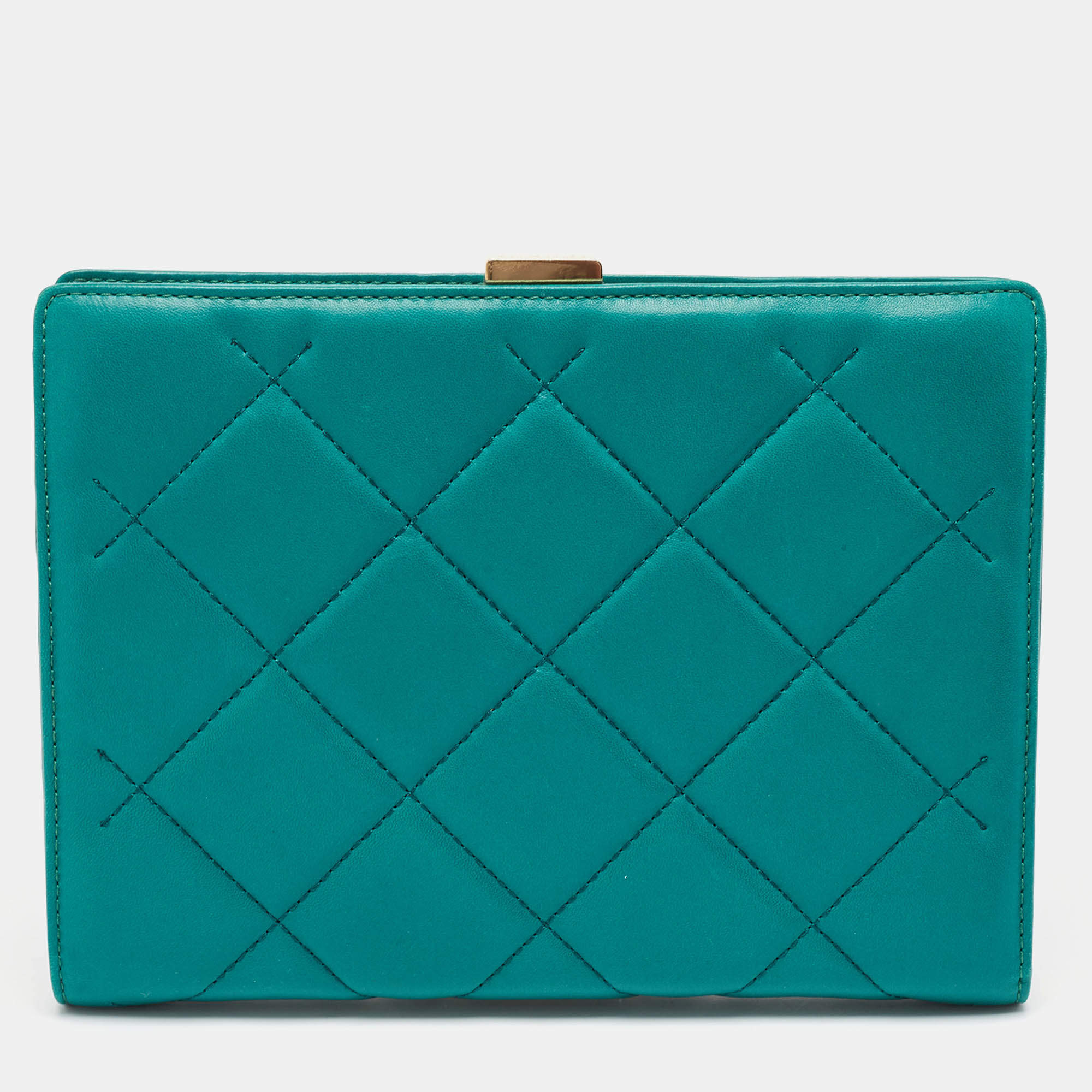 CH Carolina Herrera Green Quilted Leather Frame Chain Clutch