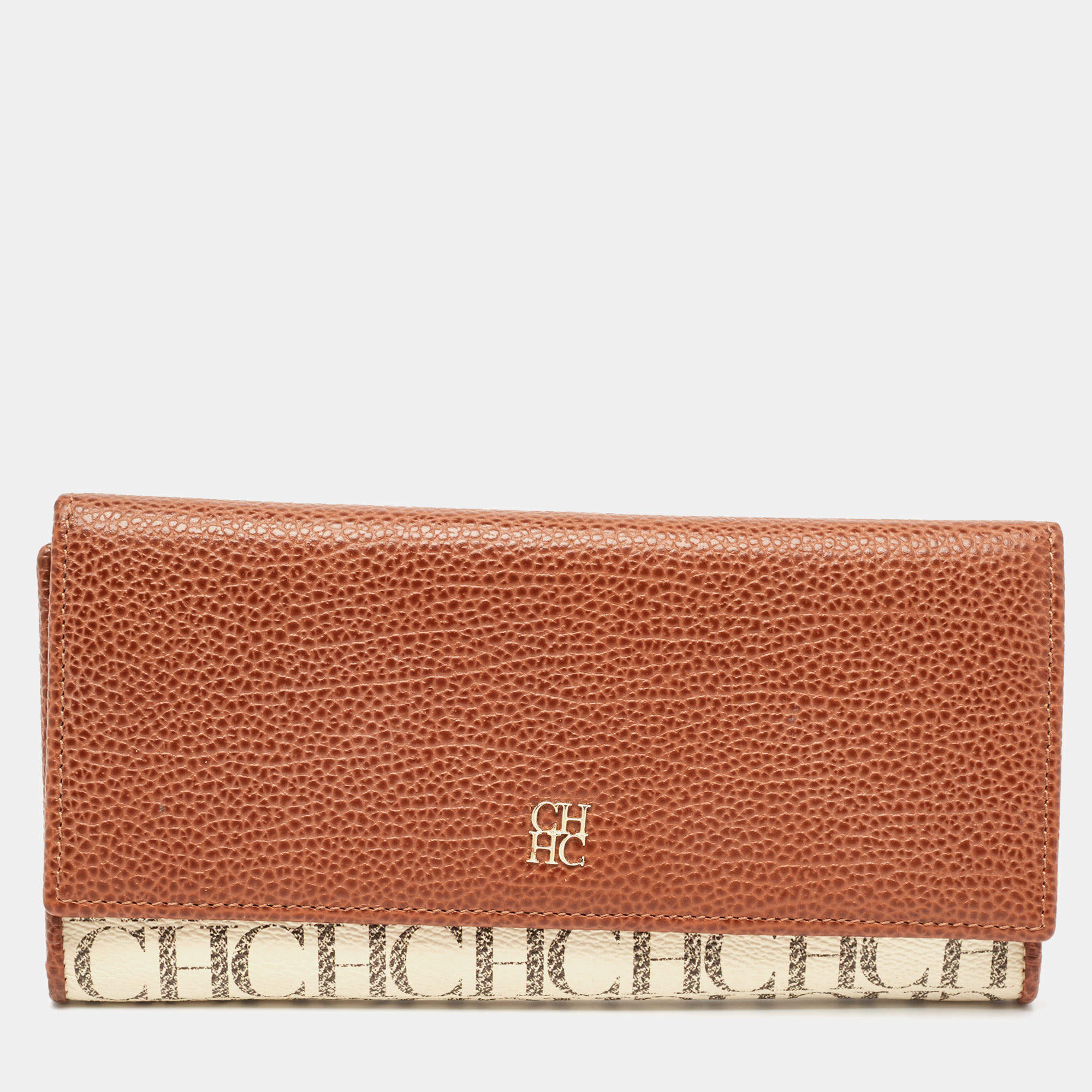 CH Carolina Herrera Brown/White Monogram Leather Flap Continental Wallet