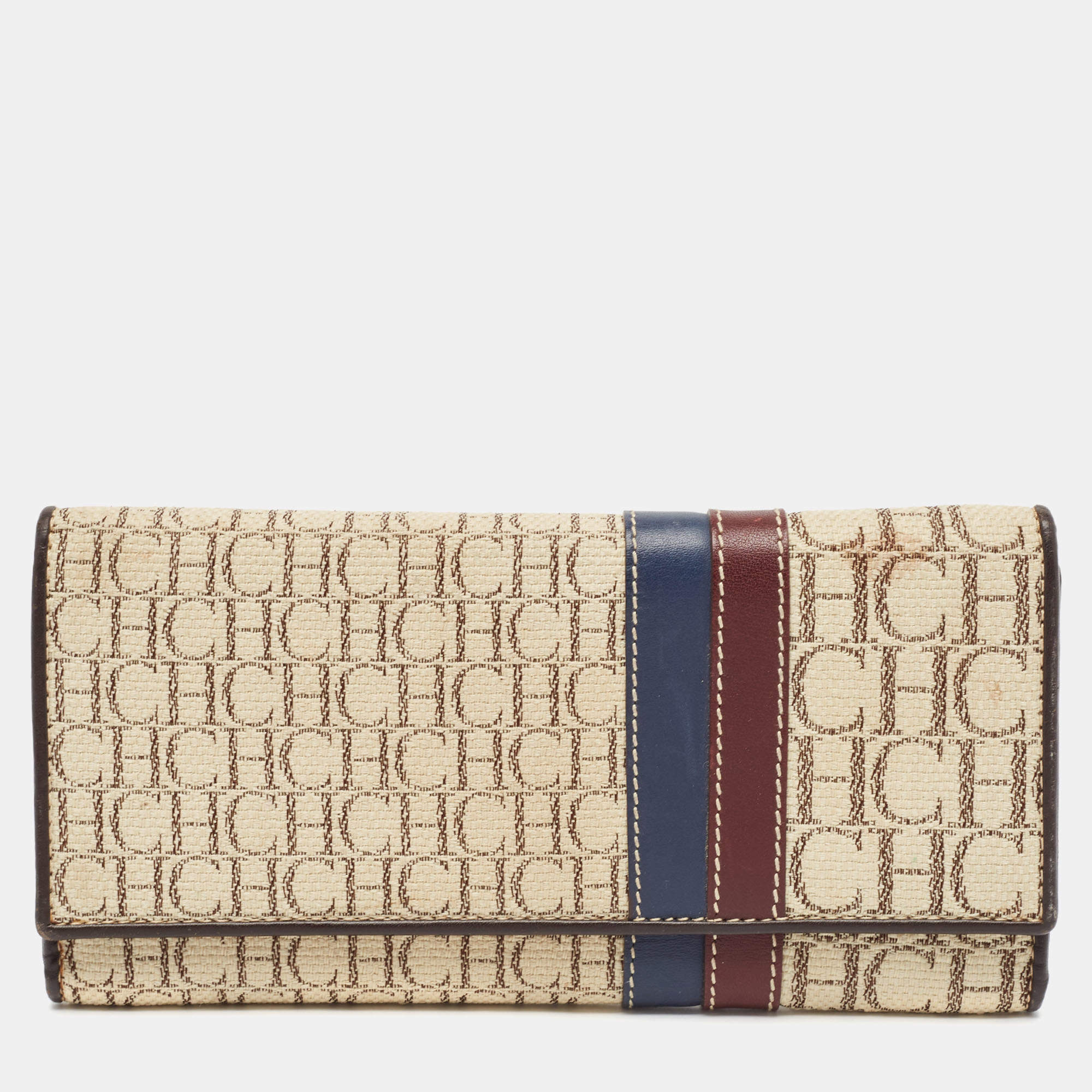 CH Carolina Herrera Off White Monogram Flap Trifold Continental Wallet