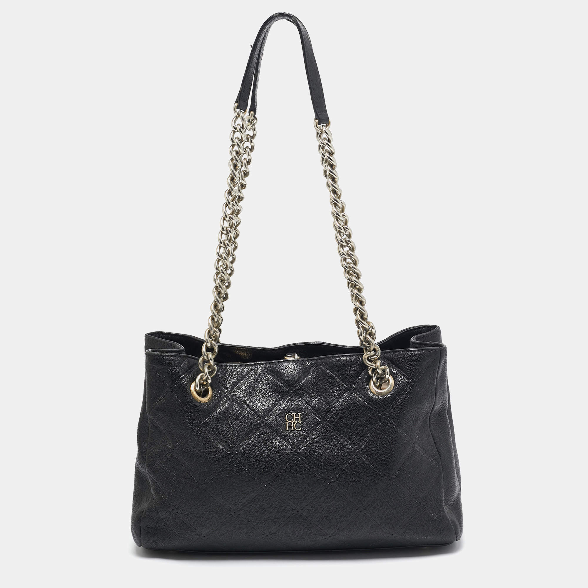 Pre Owned CH Carolina Herrera Black Quilted Leather Chain Tote
