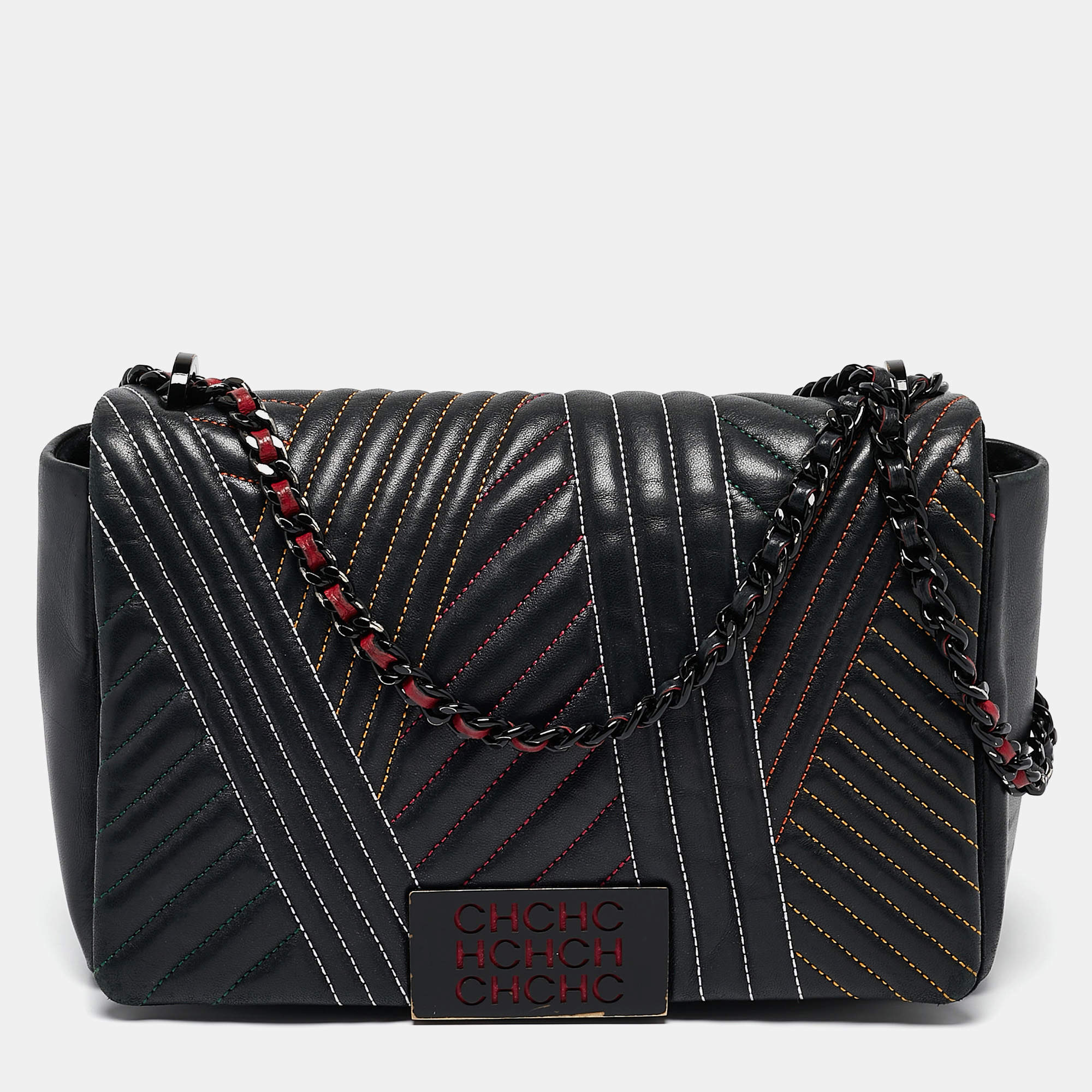 Pre Owned CH Carolina Herrera Black Quilted Leather Medium Stitched Bimba Flap Bag