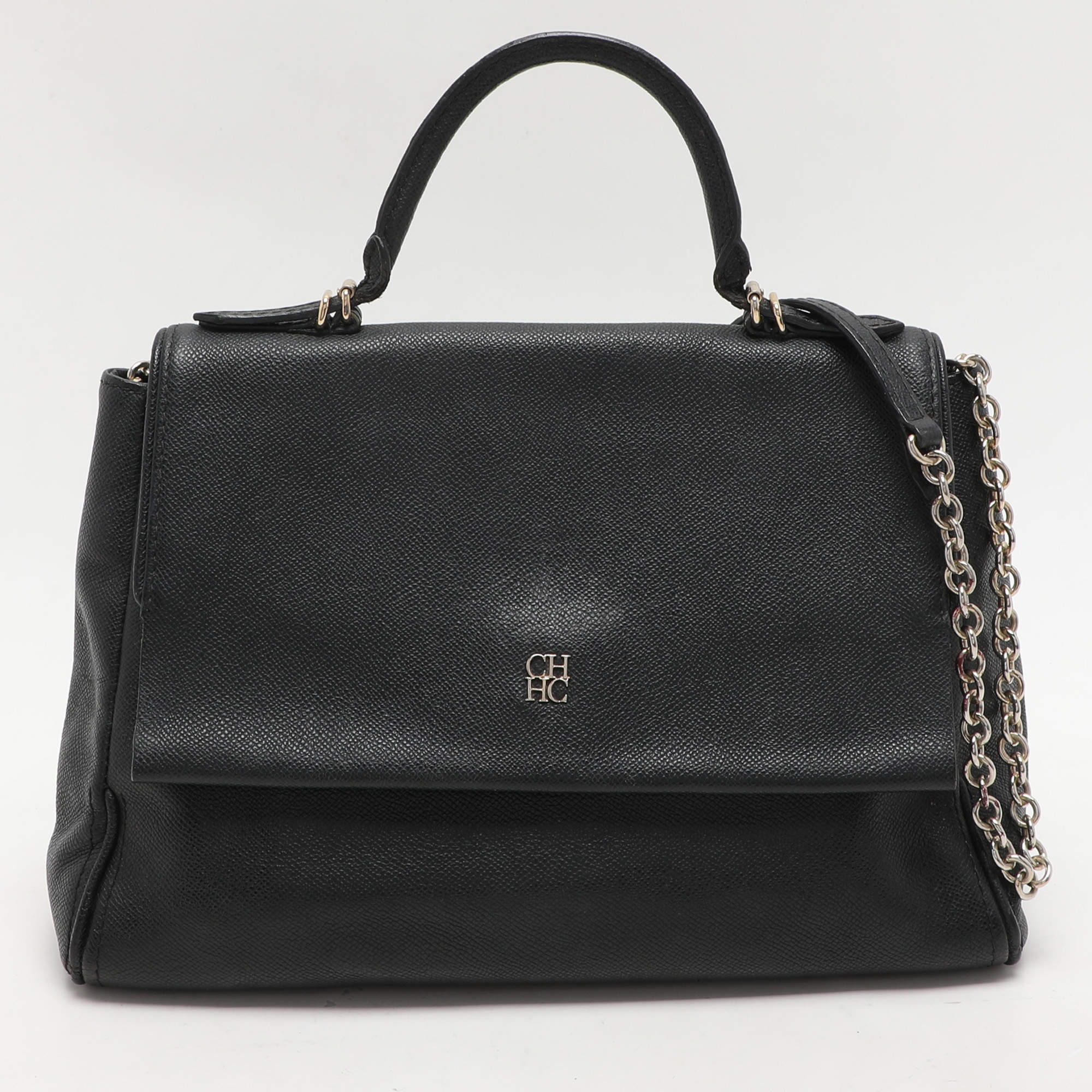CH Carolina Herrera Black Leather Minuetto Flap Top Handle Bag