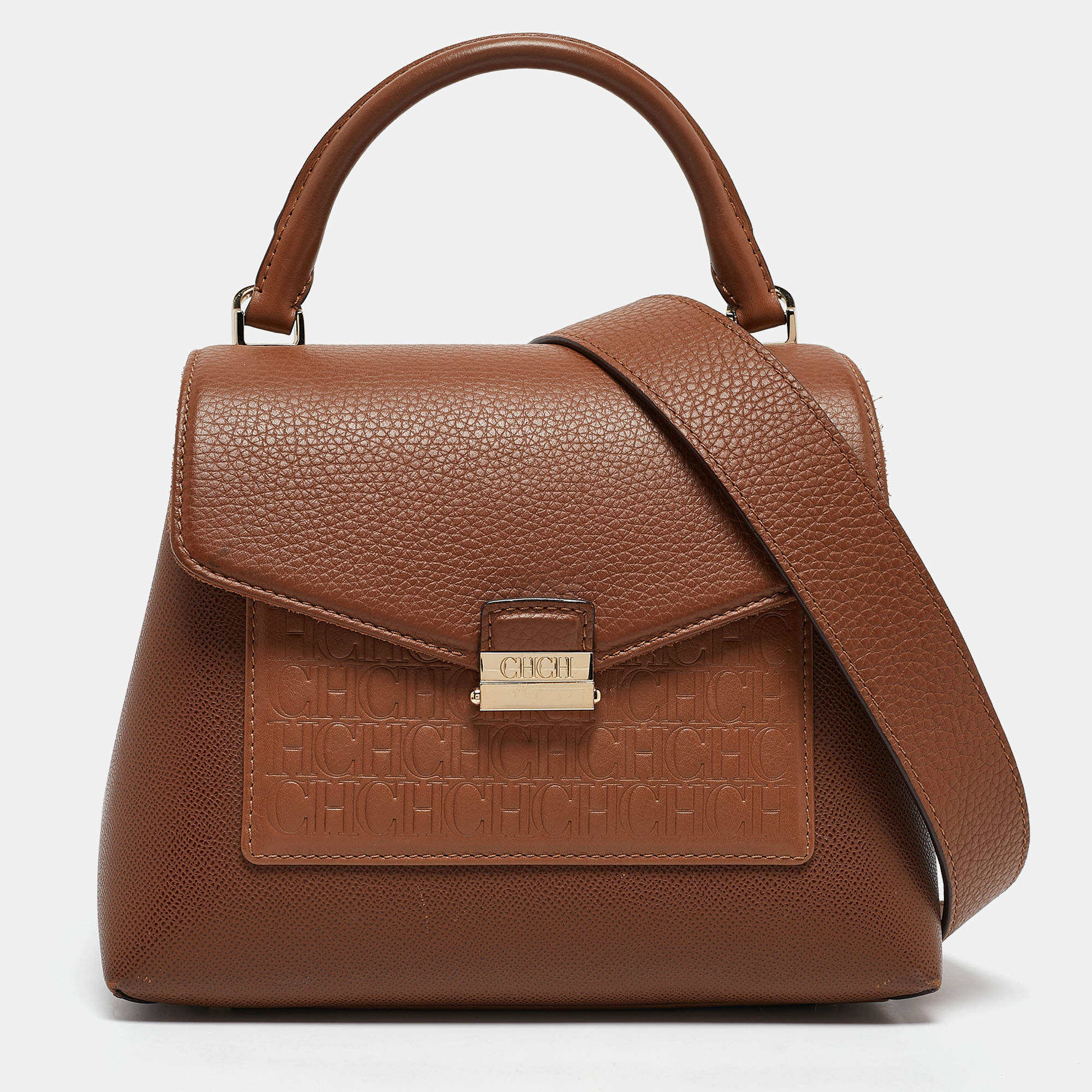 Pre Owned CH Carolina Herrera Brown Monogram Embossed Leather Flap Top Handle Bag