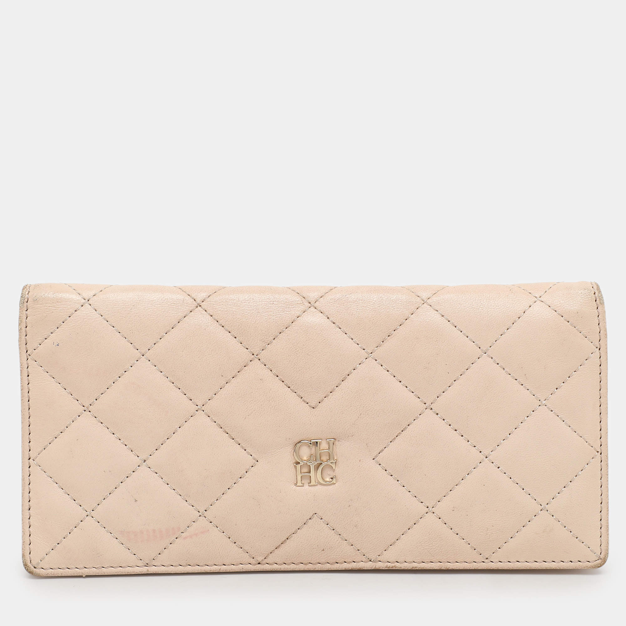 Pre Owned CH Carolina Herrera Cream Leather Continental Bifold Wallet