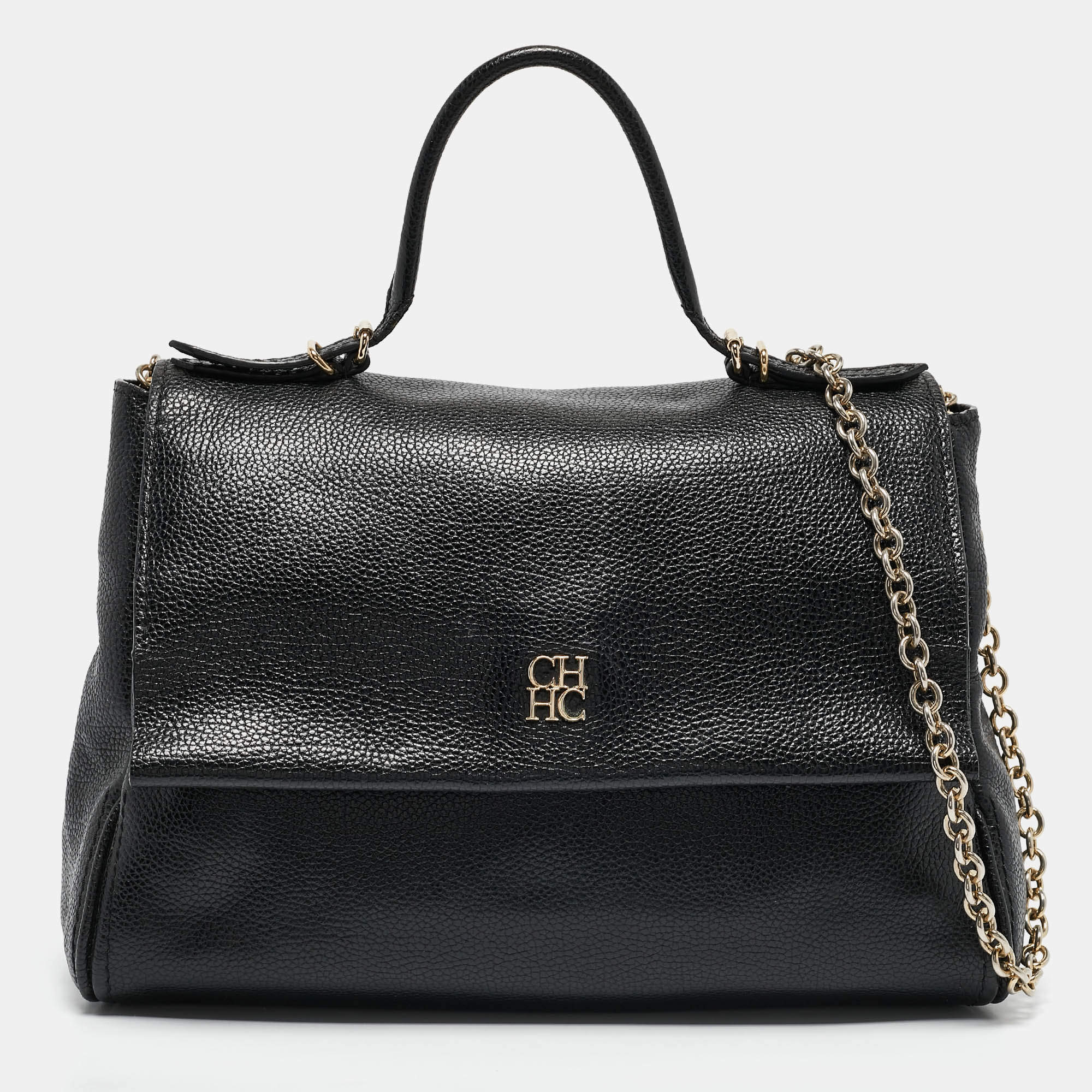 CH Carolina Herrera Black Leather Minuetto Flap Top Handle Bag