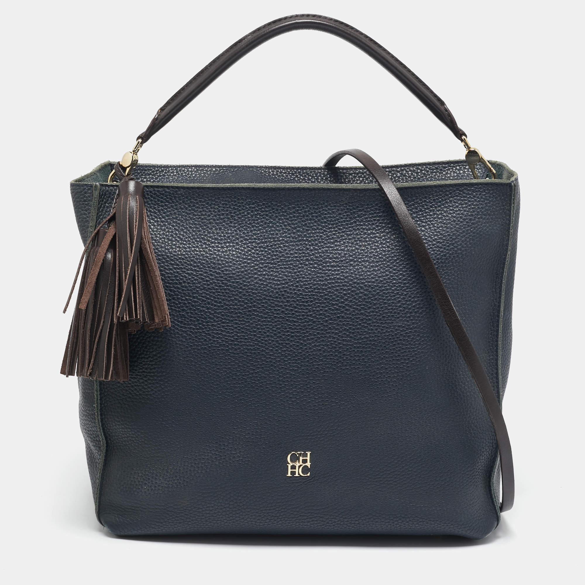 Pre Owned CH Carolina Herrera Navy Blue Leather Tassel Zip Hobo