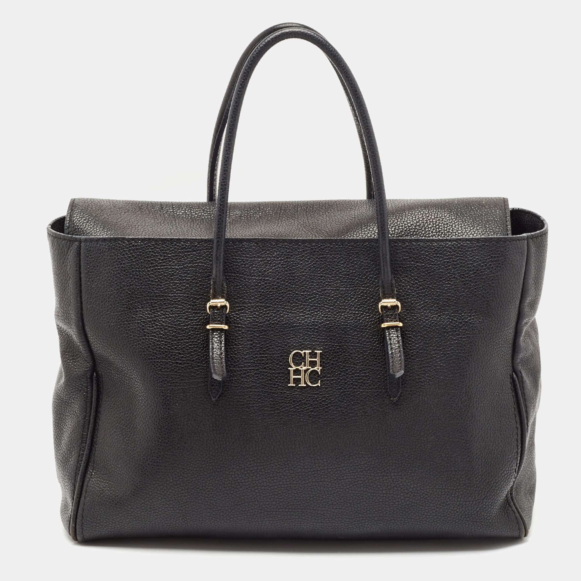 Pre Owned CH Carolina Herrera Black Leather Large Minuetto Flap Top Handle Bag