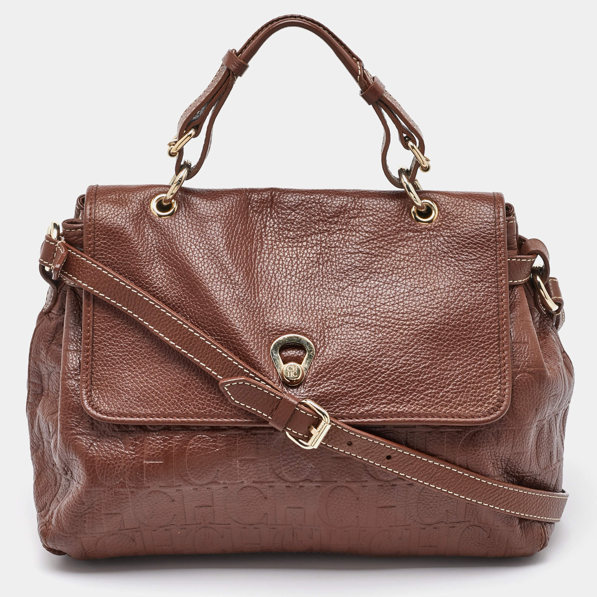 CH Carolina Herrera Brown Monogram Embossed Leather Flap Top Handle Bag