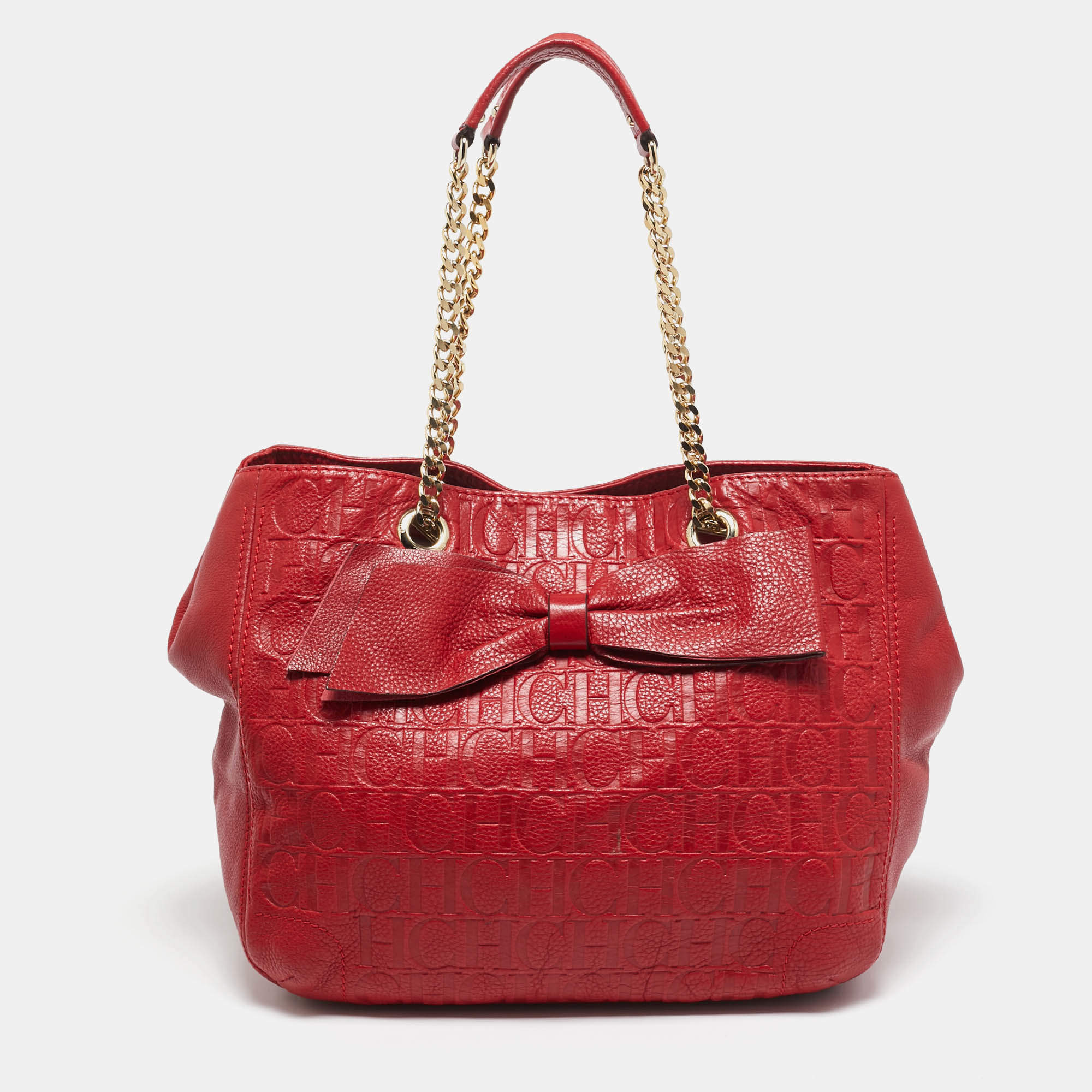 CH Carolina Herrera Red Monogram Leather Audrey  Chain Tote