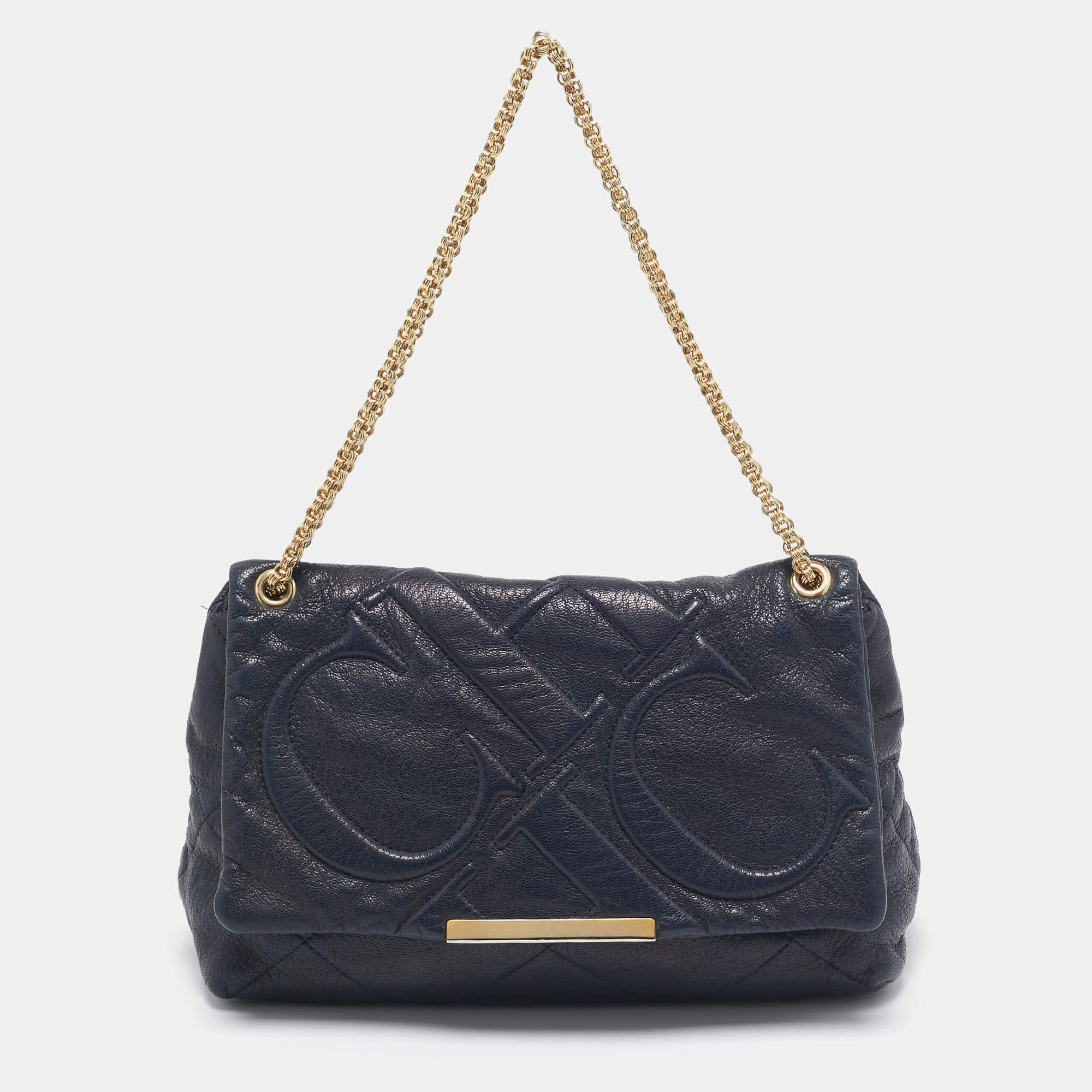 Pre Owned CH Carolina Herrera Navy Blue Quilted Leather Flap Chain Shoulder Bag