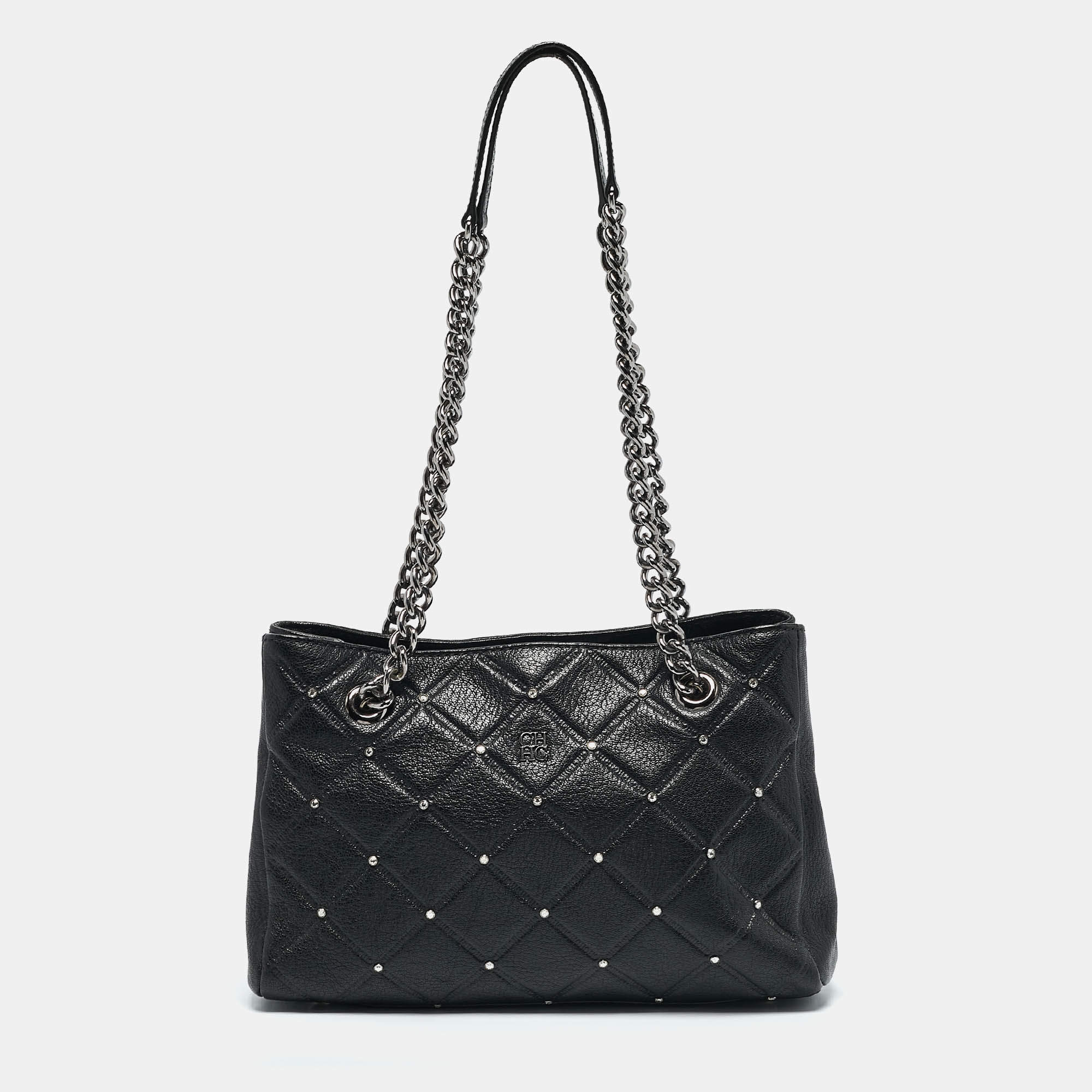 مملوكة مسبقًا CH Carolina Herrera Black Quilted Leather Crystal Studded Chain Tote