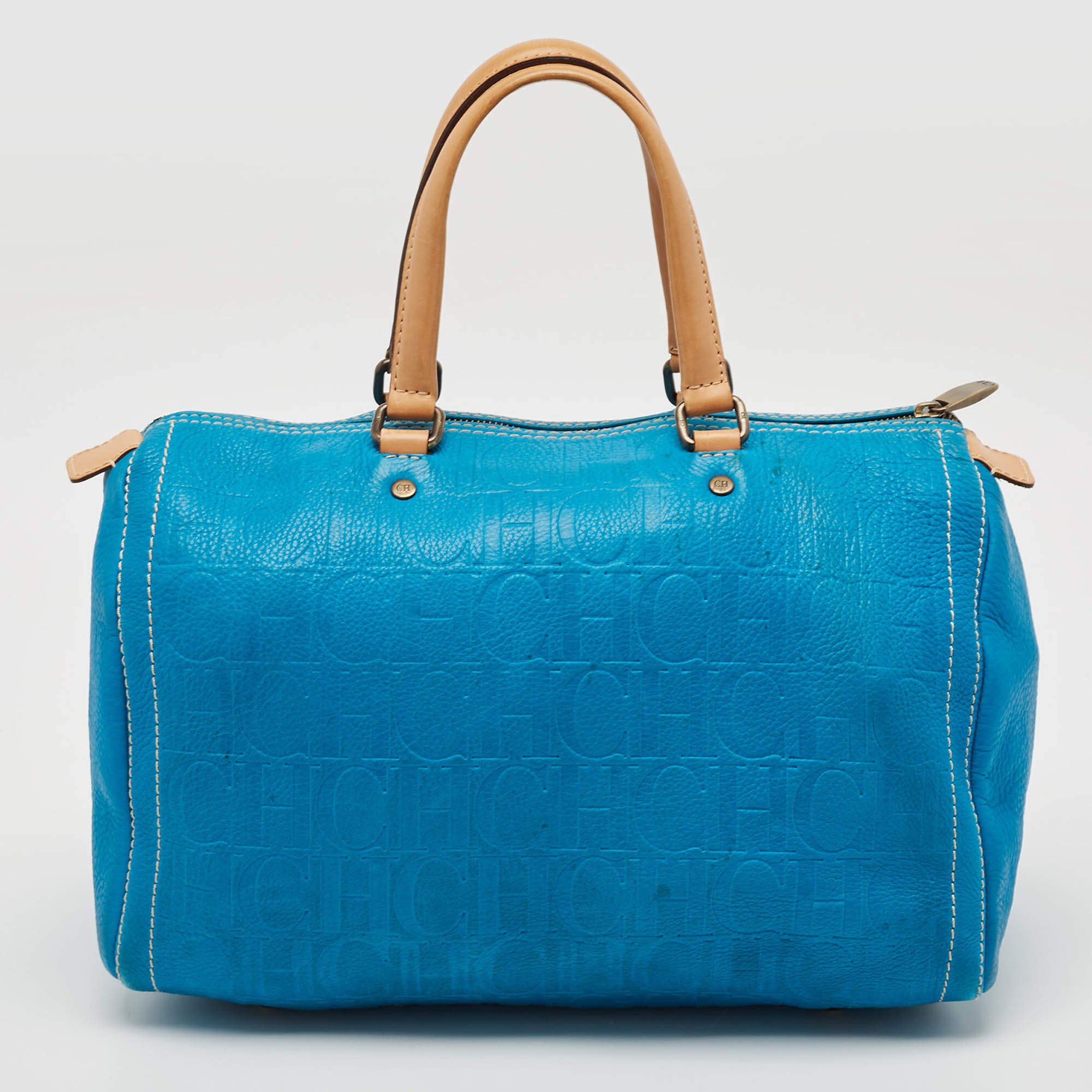 CH Carolina Herrera Blue Monogram Embossed Leather Large Andy Boston Bag