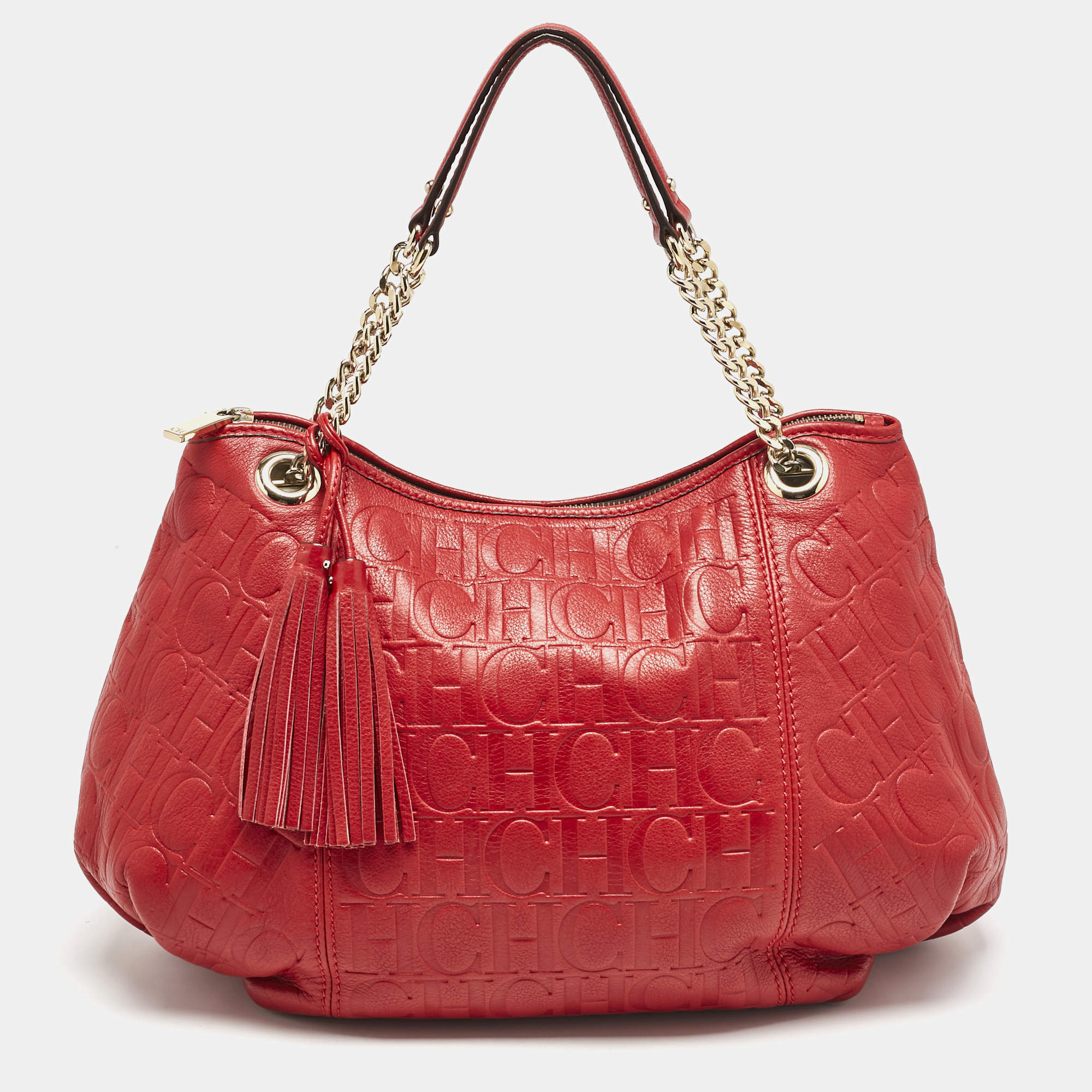 CH Carolina Herrera Red Monogram Embossed Leather Tassel Hobo