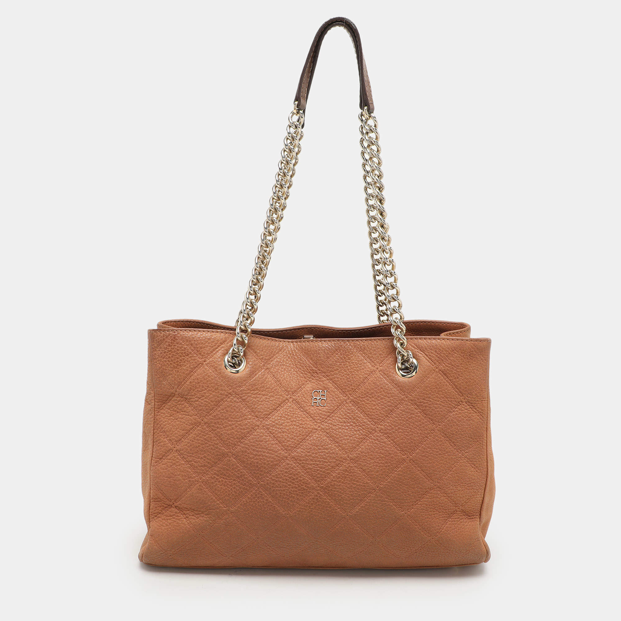 Pre Owned Carolina Herrera Brown Logo Embossed Quilted Leather Chain Tote