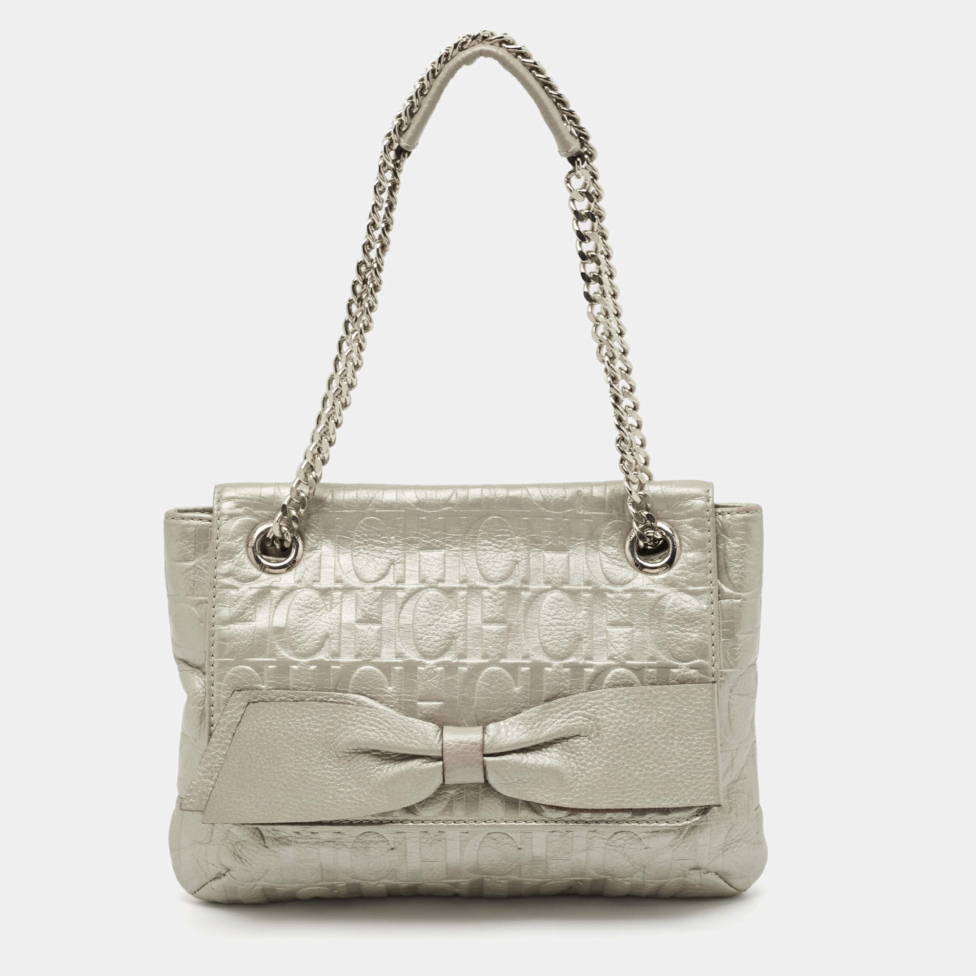 CH Carolina Herrera Silver Monogram Embossed Leather Audrey Bow Shoulder Bag