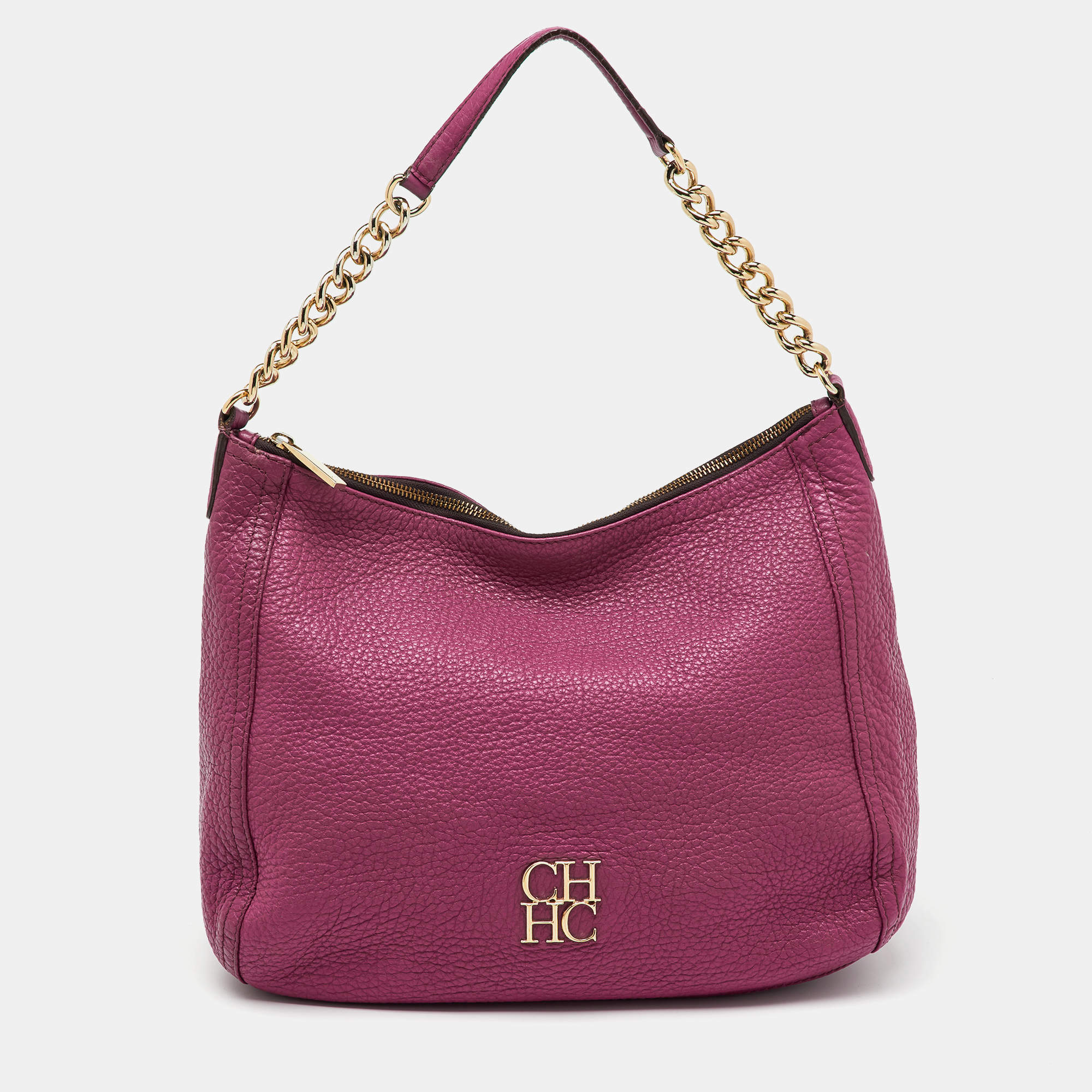 CH Carolina Herrera Pink Grained Leather Zip Hobo