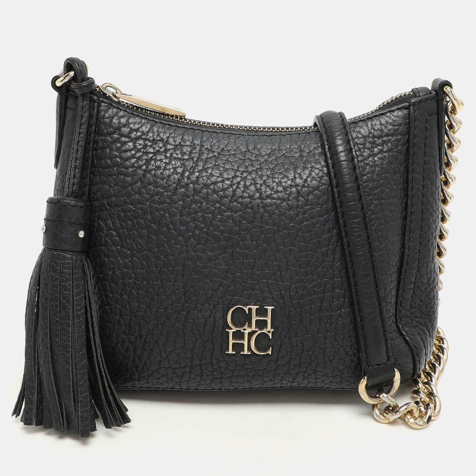 Carolina Herrera Black Leather Chain Tassel Shoulder Bag