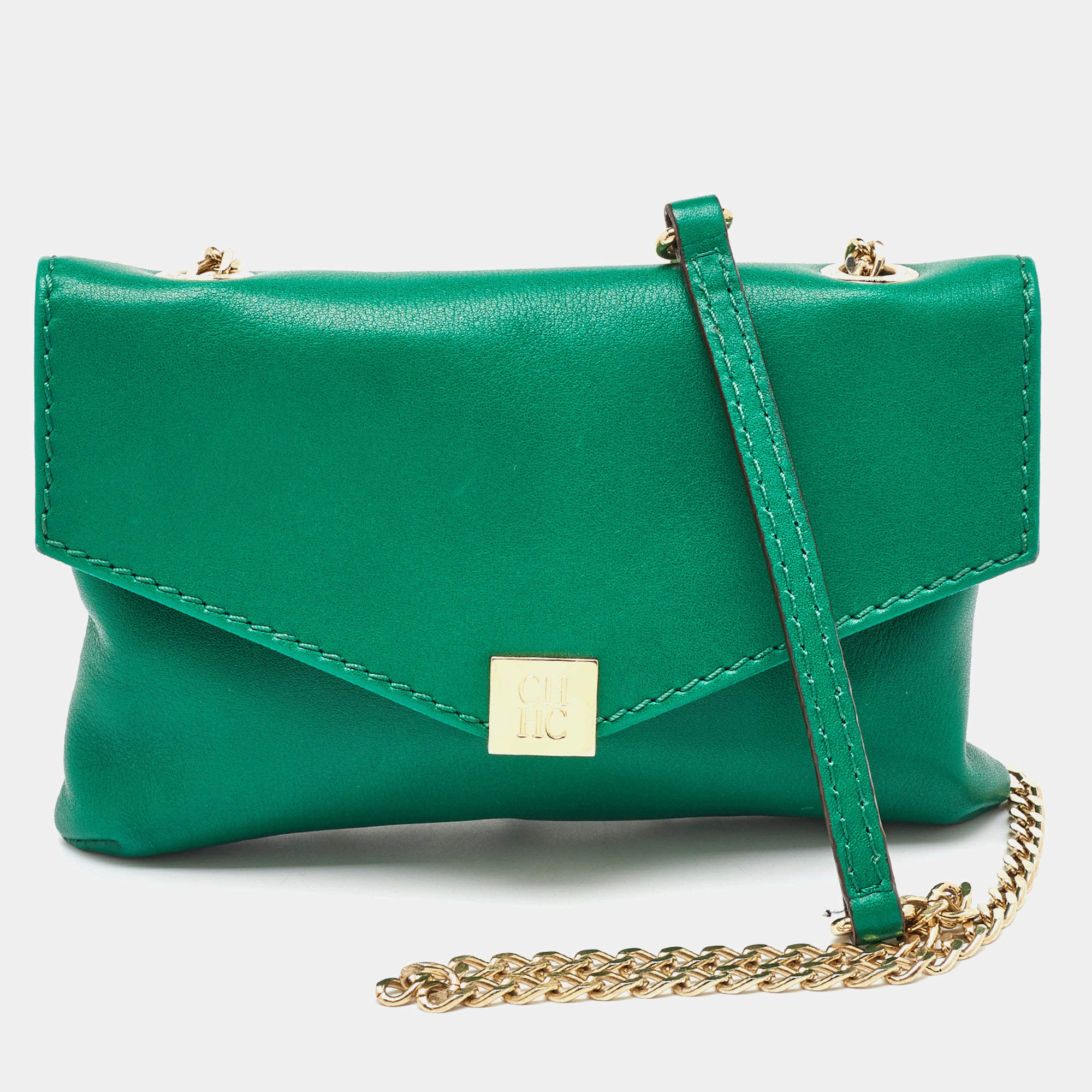 CH Carolina Herrera Green Leather Envelope Flap Crossbody Bag