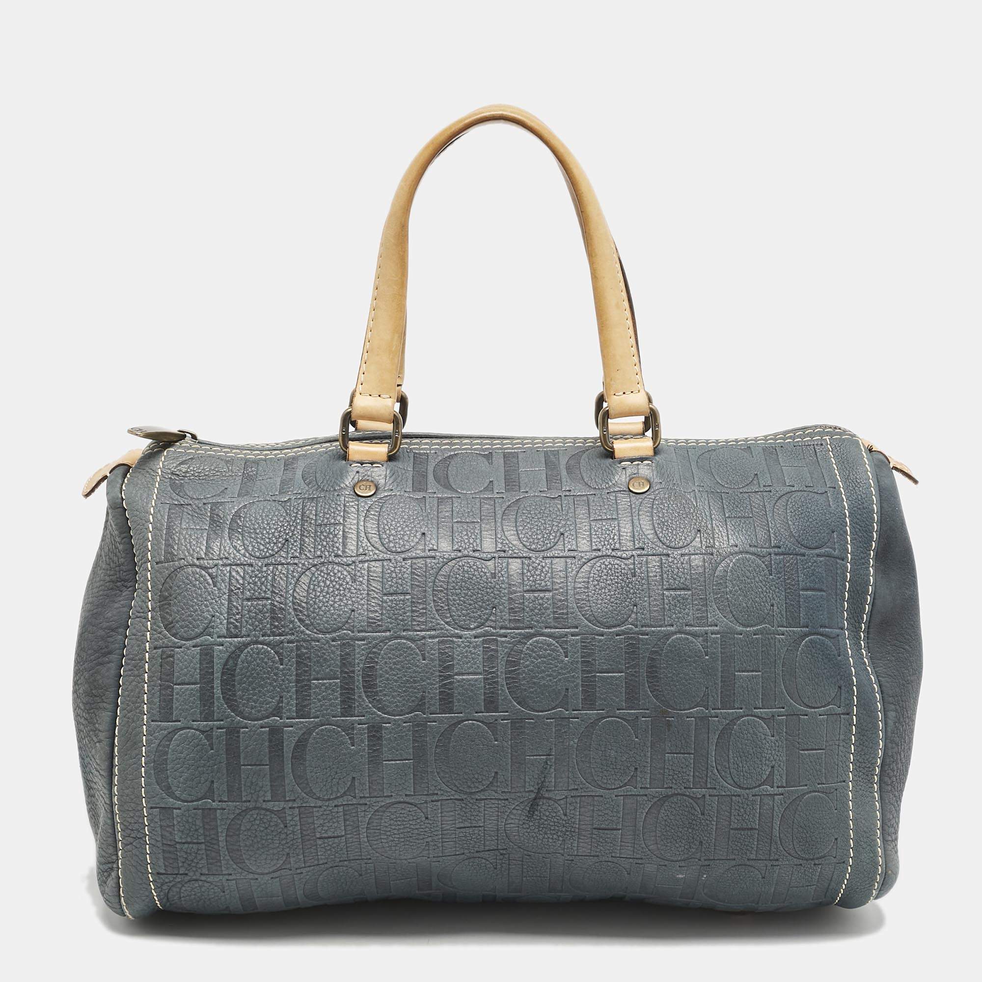CH Carolina Herrera Navy Blue Monogram Embossed Leather Large Andy Boston Bag