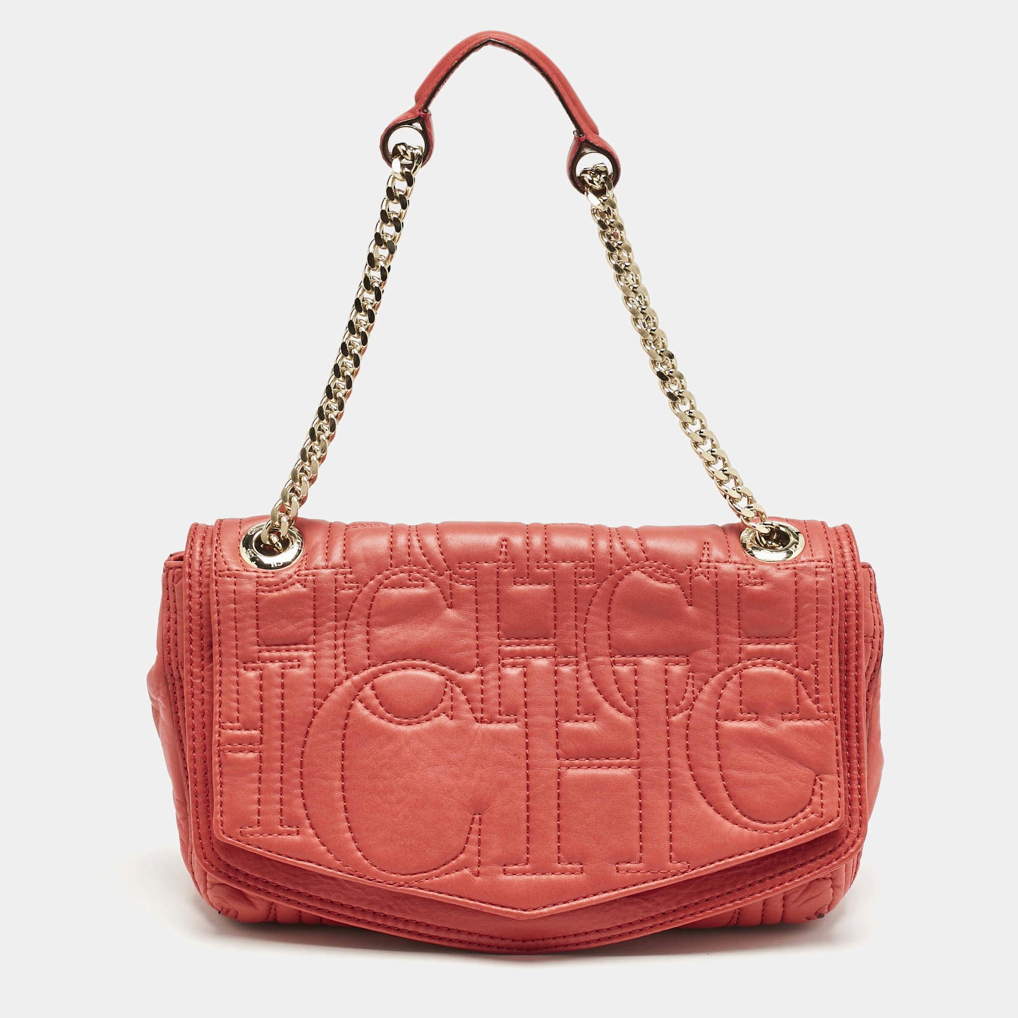 CH Carolina Herrera Red Monogram Leather Double Flap Shoulder Bag