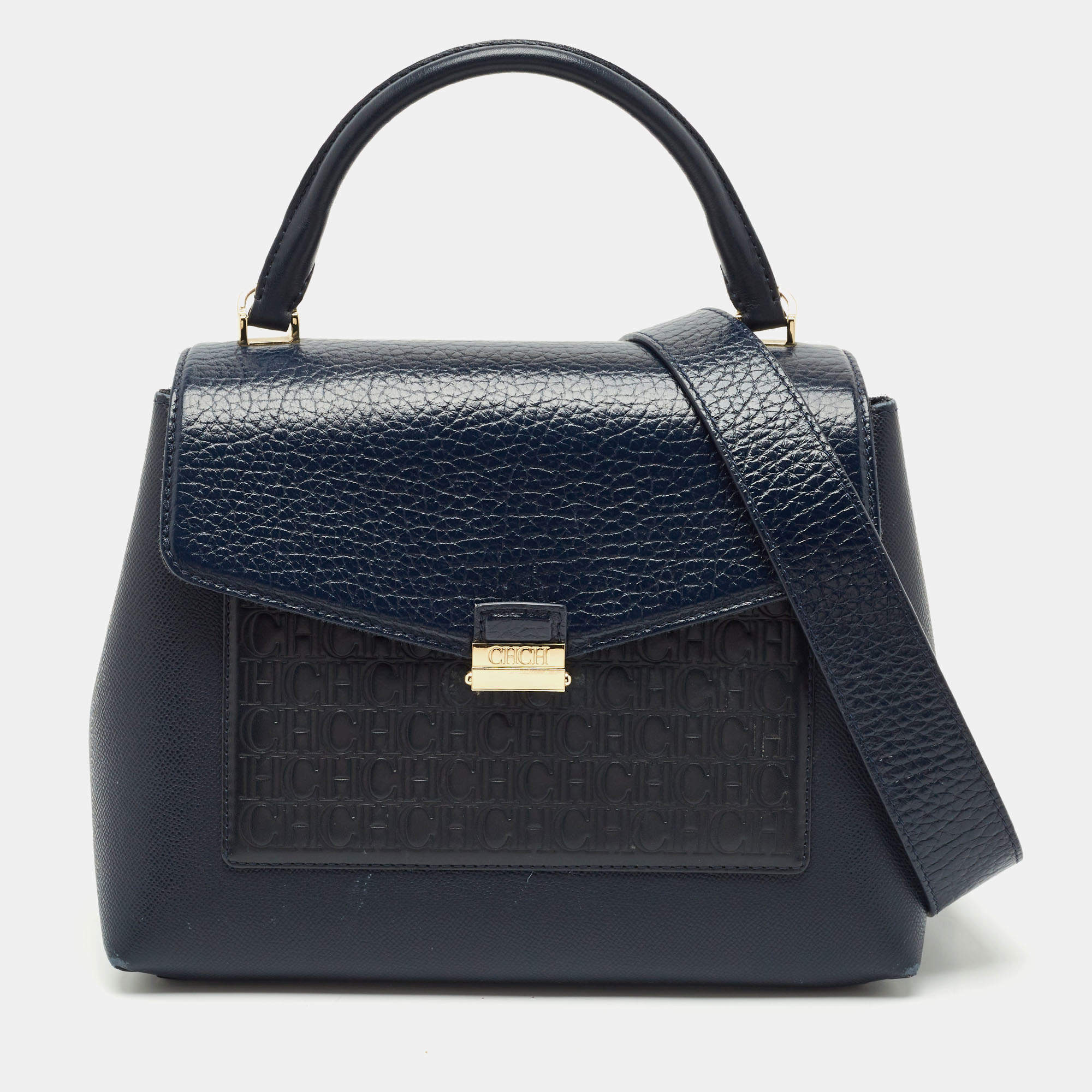 CH Carolina Herrera Navy Blue Monogram Leather Pushlock Top Handle Bag