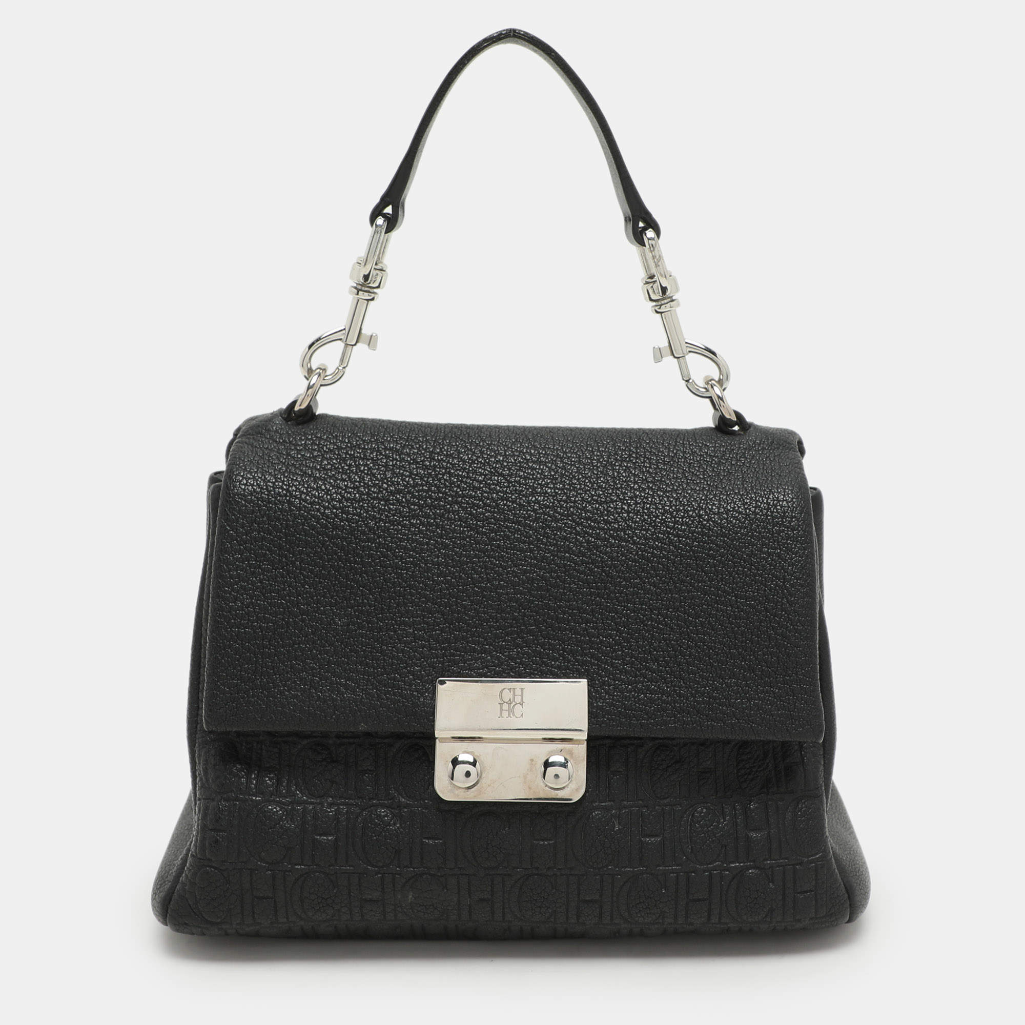 CH Carolina Herrera Black Monogram Leather Mini Baret Top Handle Bag