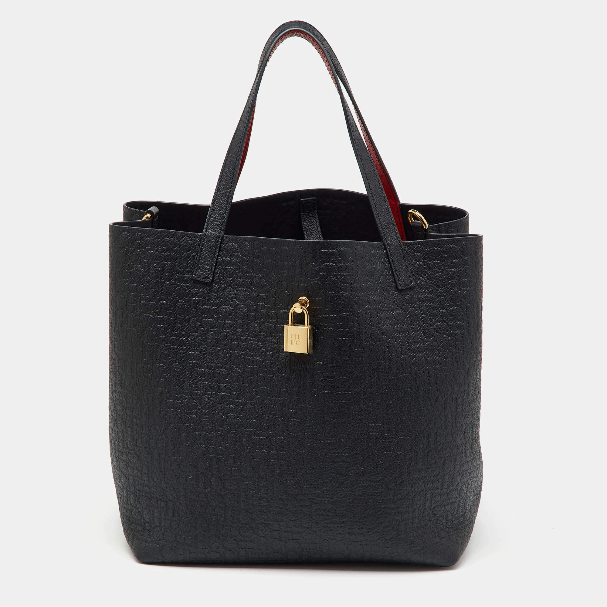CH Carolina Herrera Black Monogram Leather Matryoshka Padlock Tote
