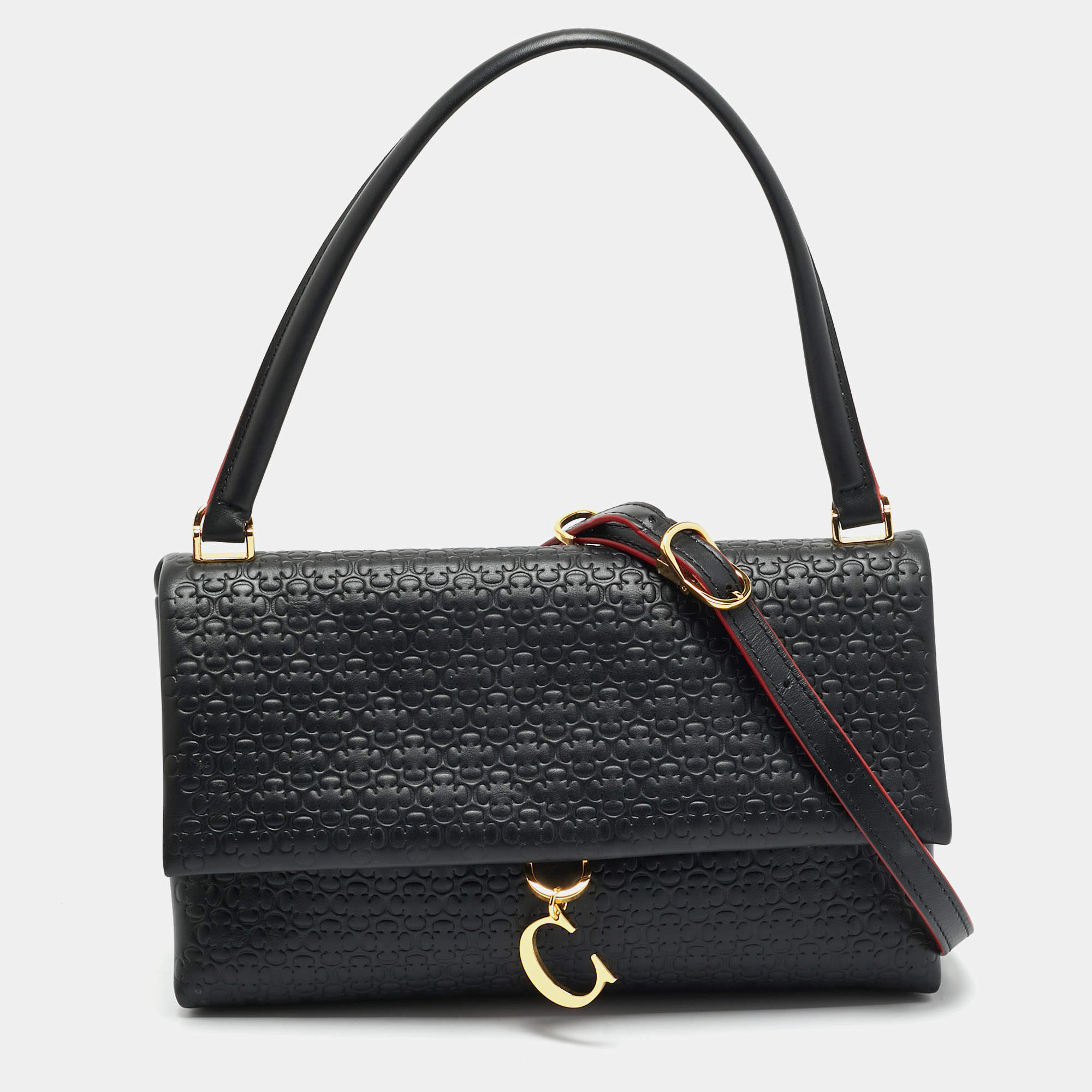 Pre Owned CH Carolina Herrera Black Embossed Leather Medium Camelot Shoulder Bag