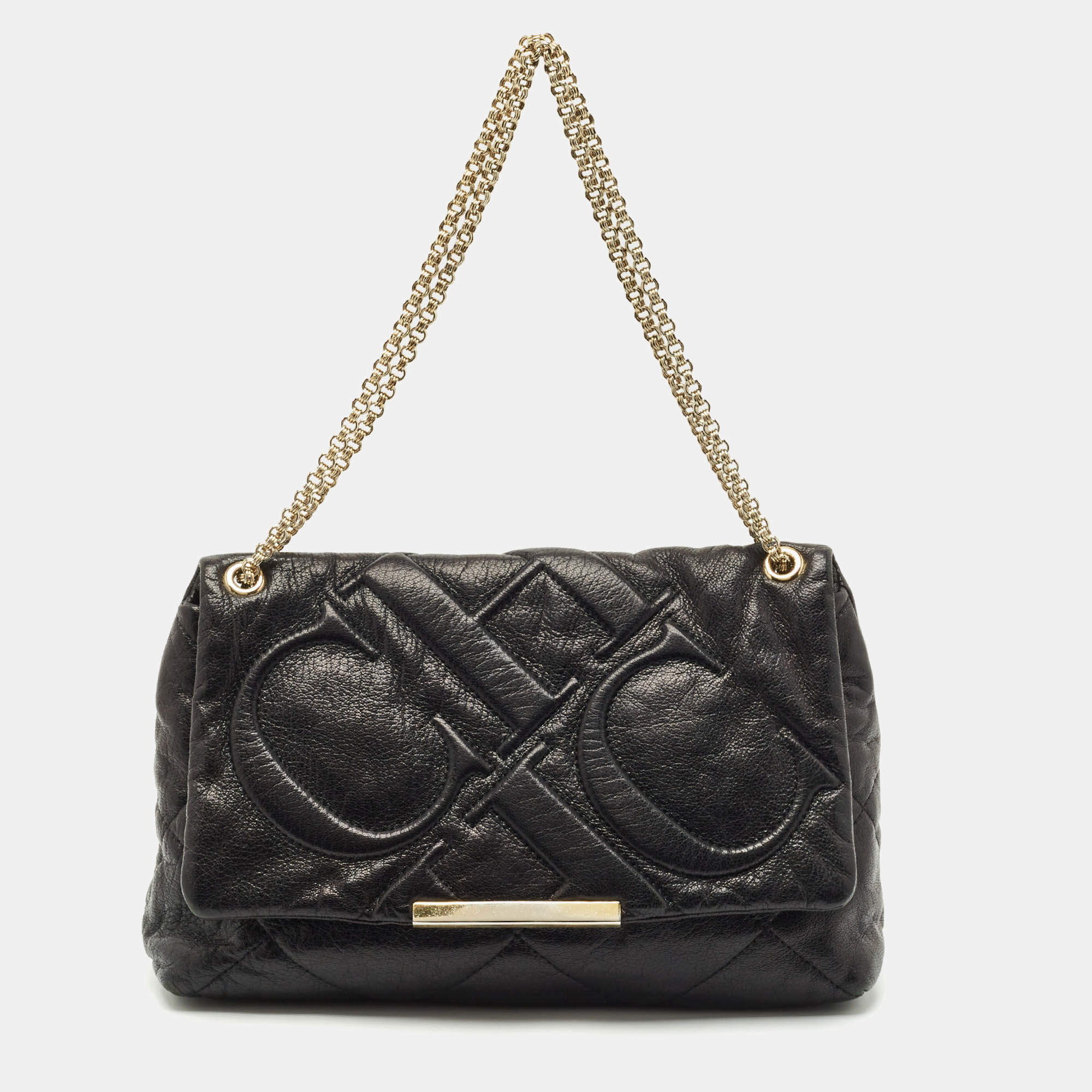 CH Carolina Herrera Black Quilted Leather Flap Chain Shoulder Bag