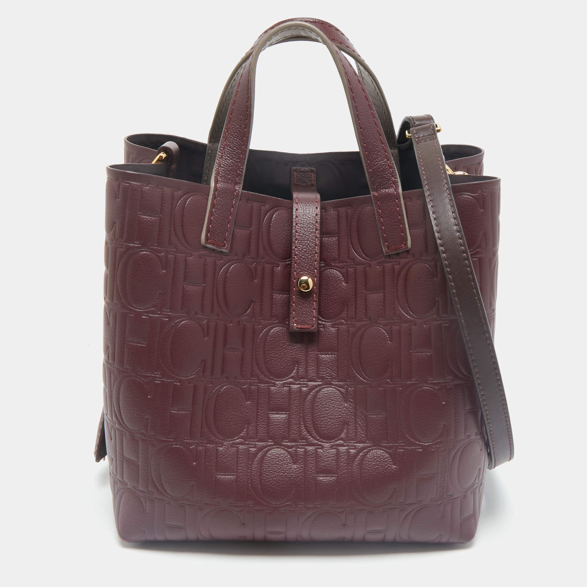 CH Carolina Herrera Burgundy Monogram Embossed Leather Matryoshka Padlock Tote