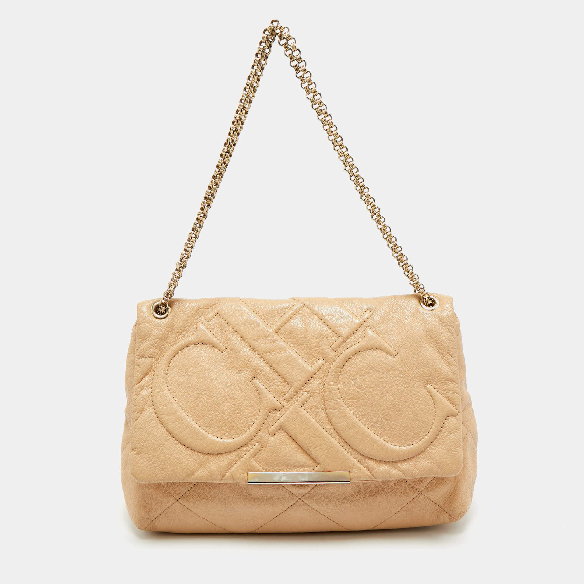 Pre Owned CH Carolina Herrera Beige Quilted Leather Flap Chain Shoulder Bag