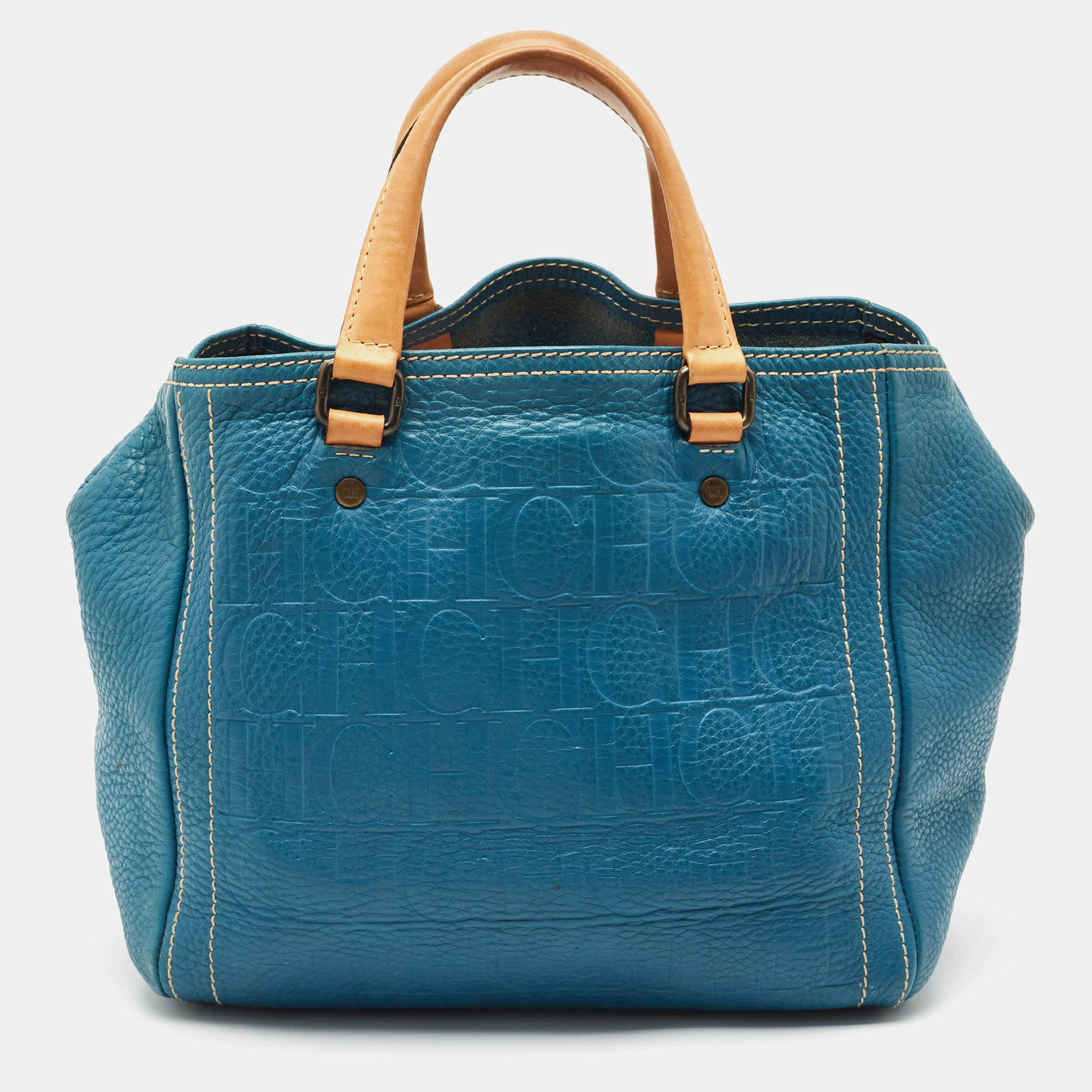 Pre Owned CH Carolina Herrera Blue/Beige Monogram Embossed Leather Andy Tote