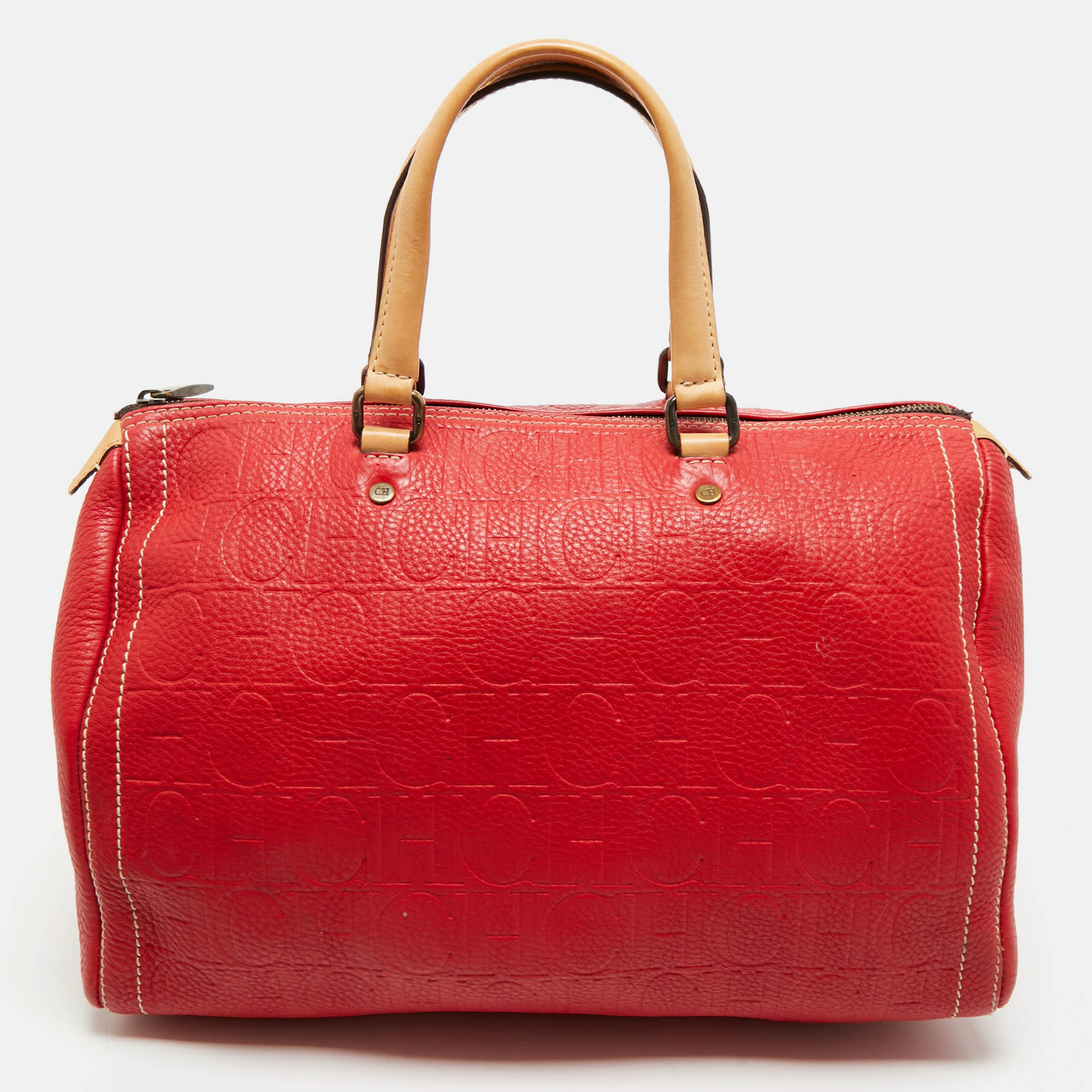 Pre Owned CH Carolina Herrera Red Monogram Embossed Leather Large Andy Boston Bag