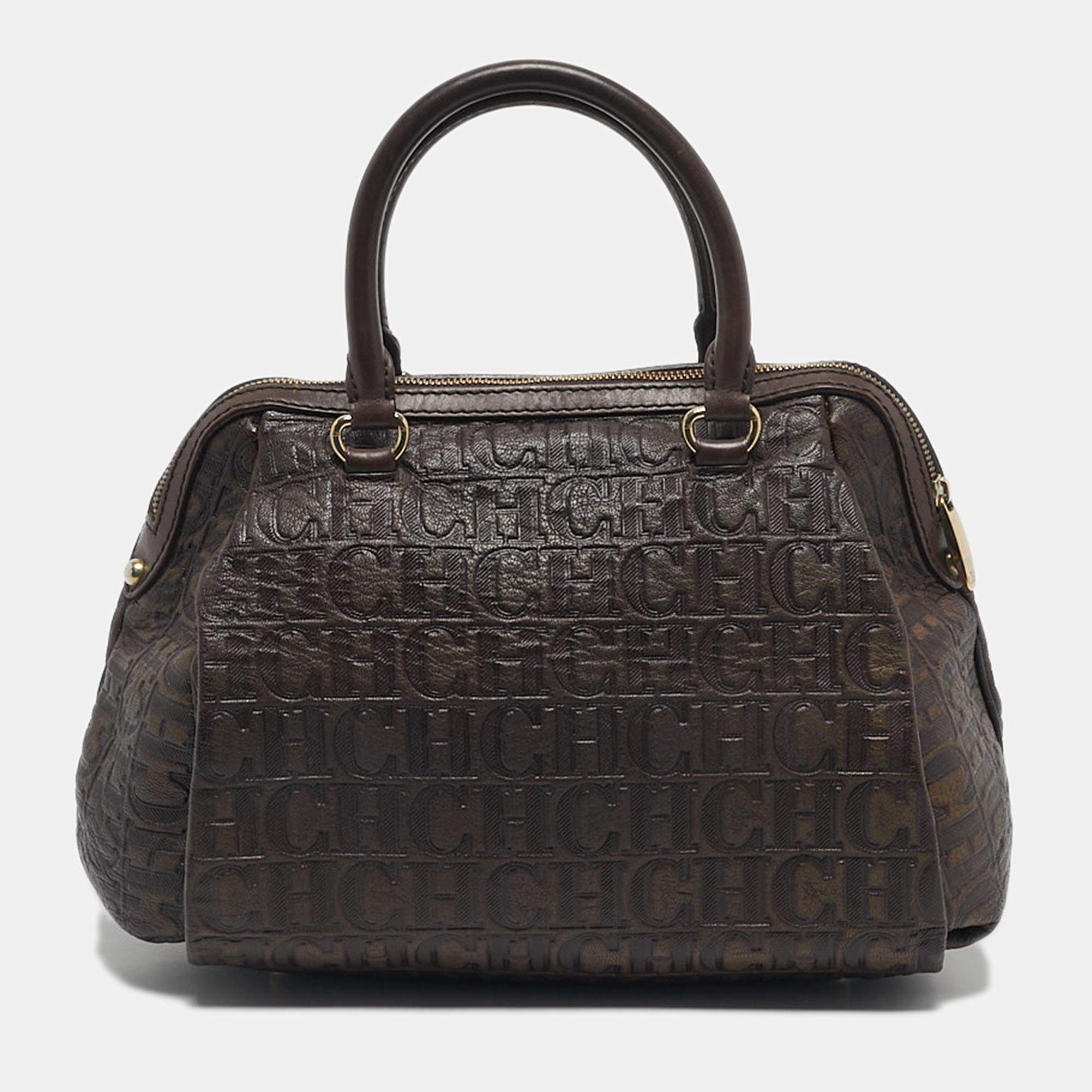 Pre Owned CH Carolina Herrera Dark Brown Monogram Embossed Leather Frame Satchel