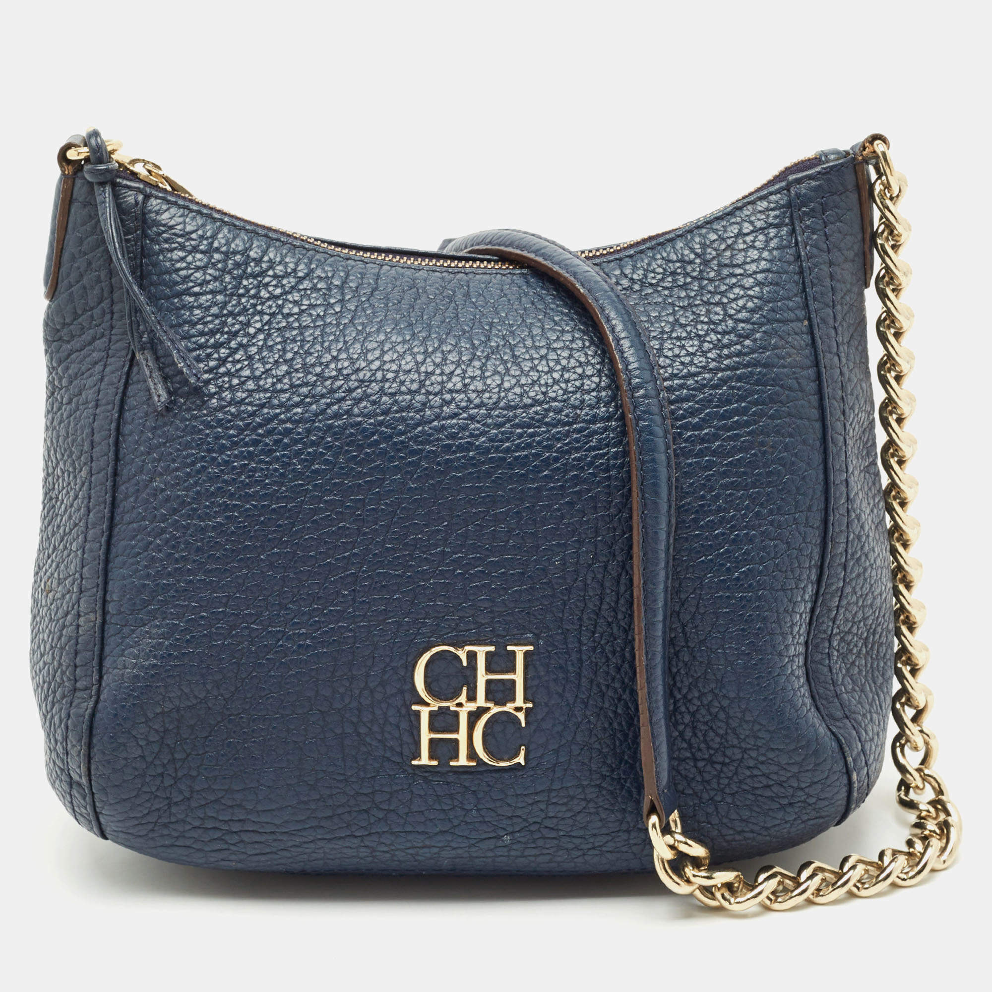 Pre Owned CH Carolina Herrera Navy Blue Leather Maria Shoulder Bag