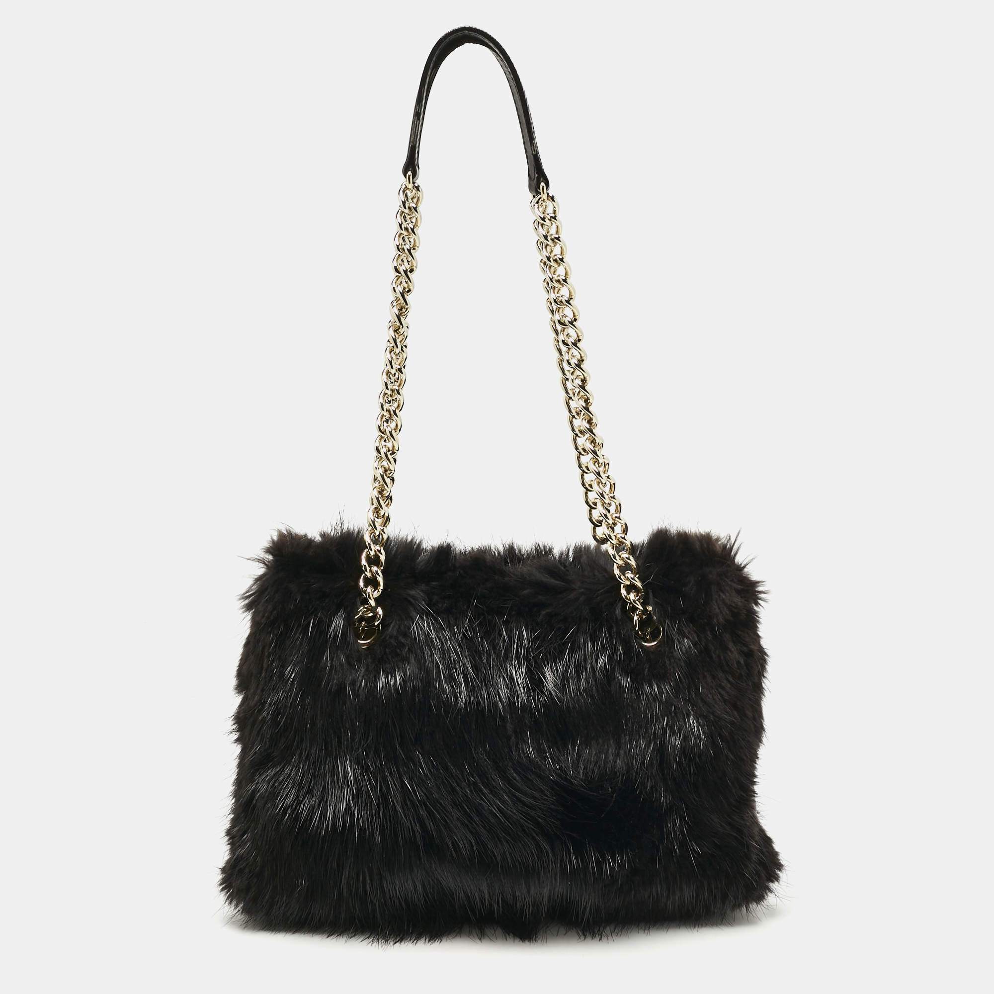 Pre Owned CH Carolina Herrera Black Fox Fur and Leather Chain Tote