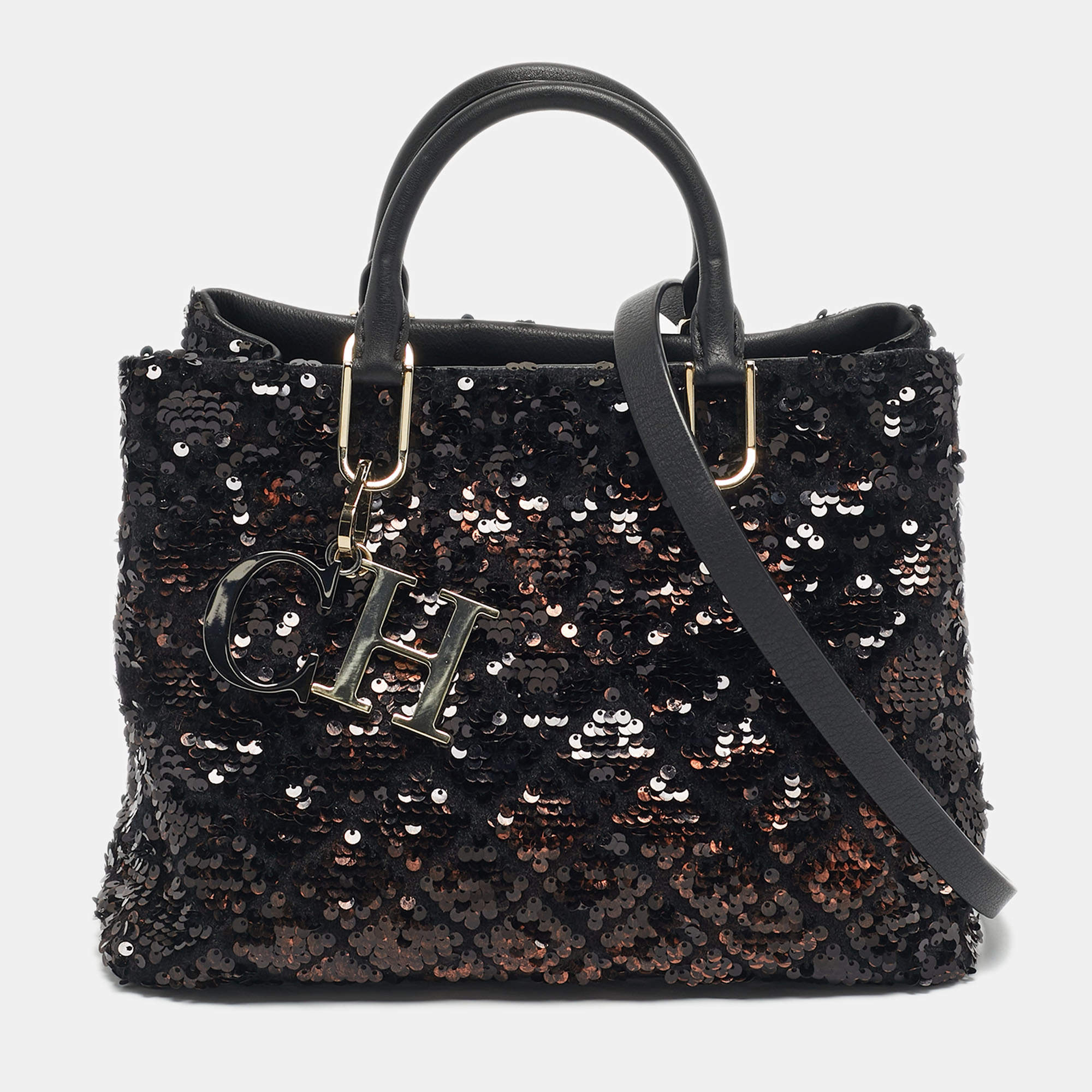 Pre Owned CH Carolina Herrera Black/Bronze Sequins Charm Tote