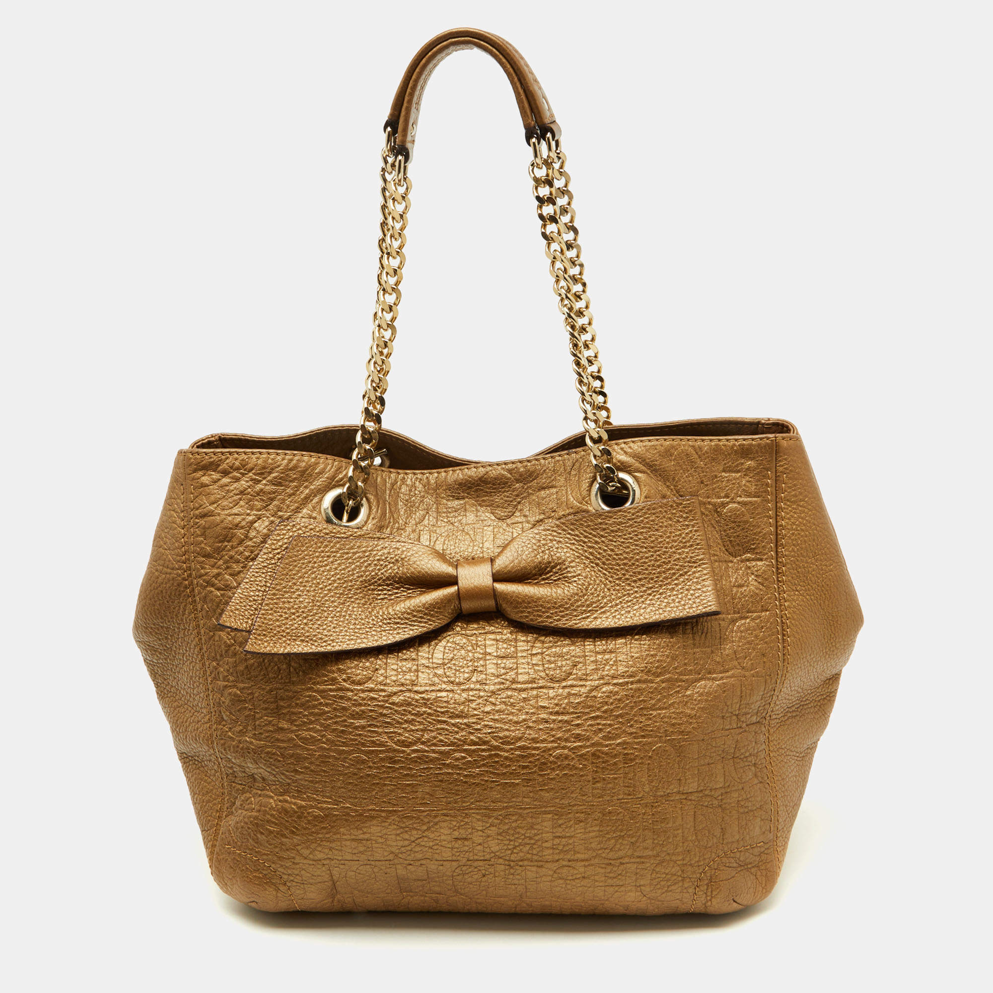 Pre Owned CH Carolina Herrera Metallic Gold Monogram Leather Audrey Tote