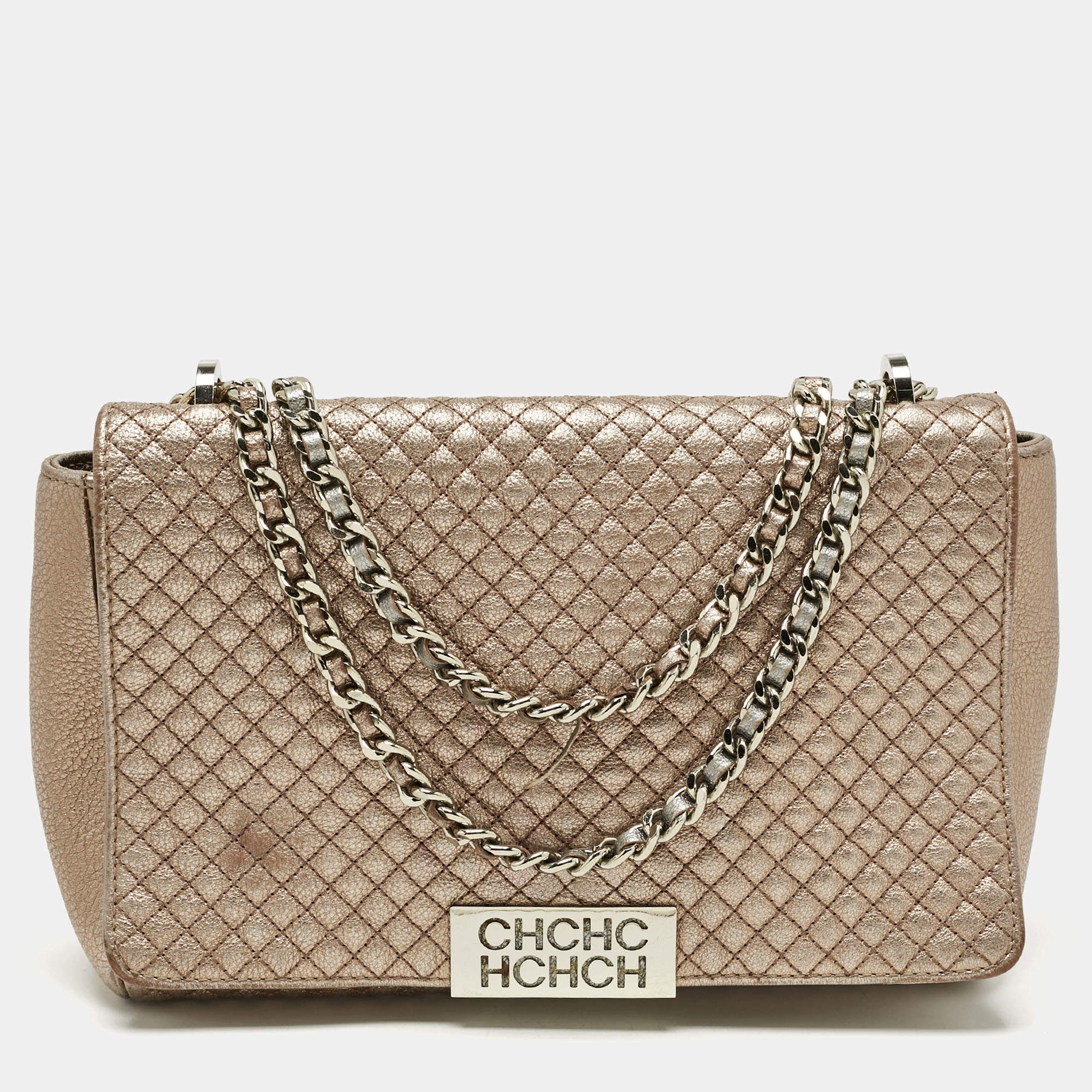 Pre Owned CH Carolina Herrera Rose Gold Quilted Leather Chain Flap Bag
