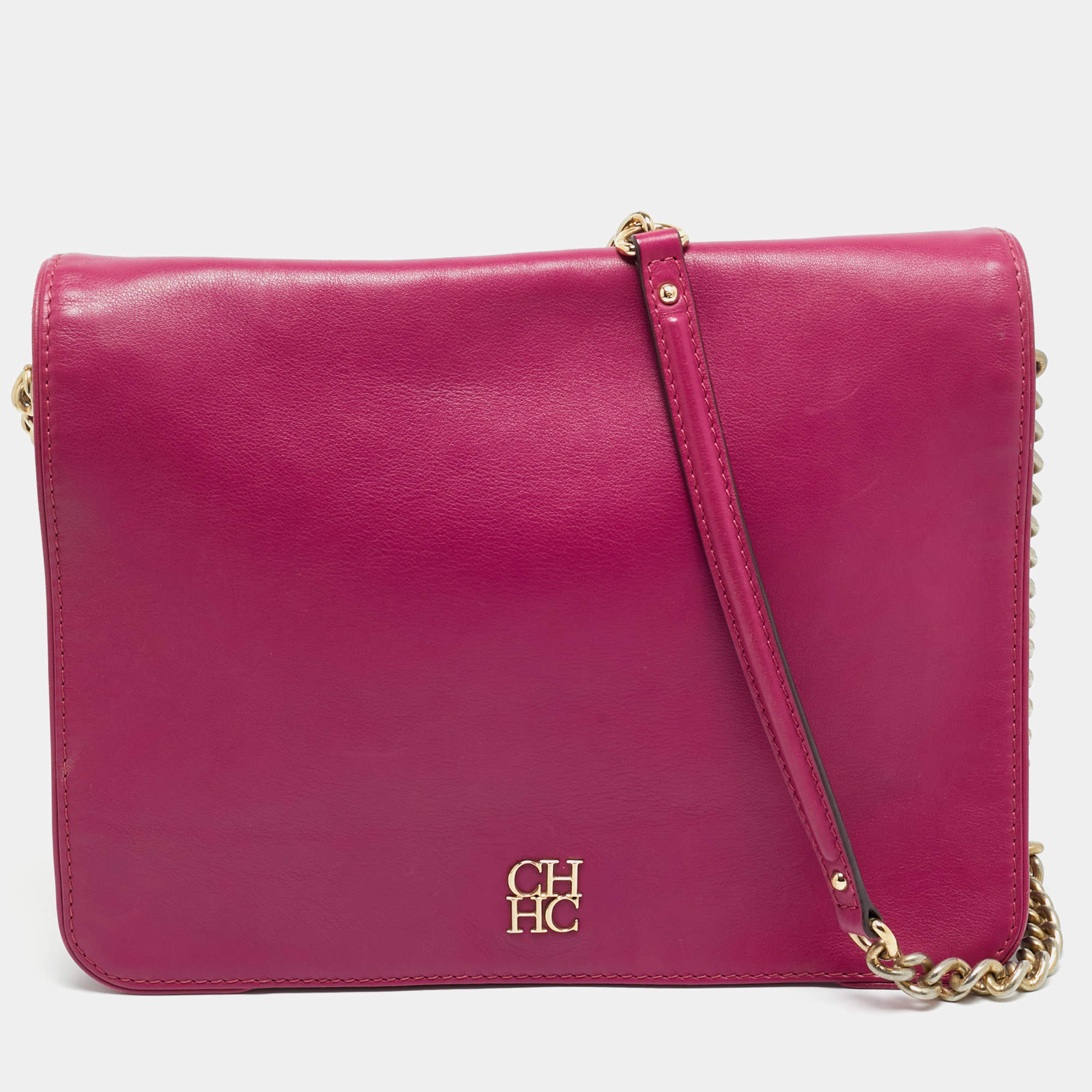 Pre Owned CH Carolina Herrera Fuchsia Leather Chain Flap Bag
