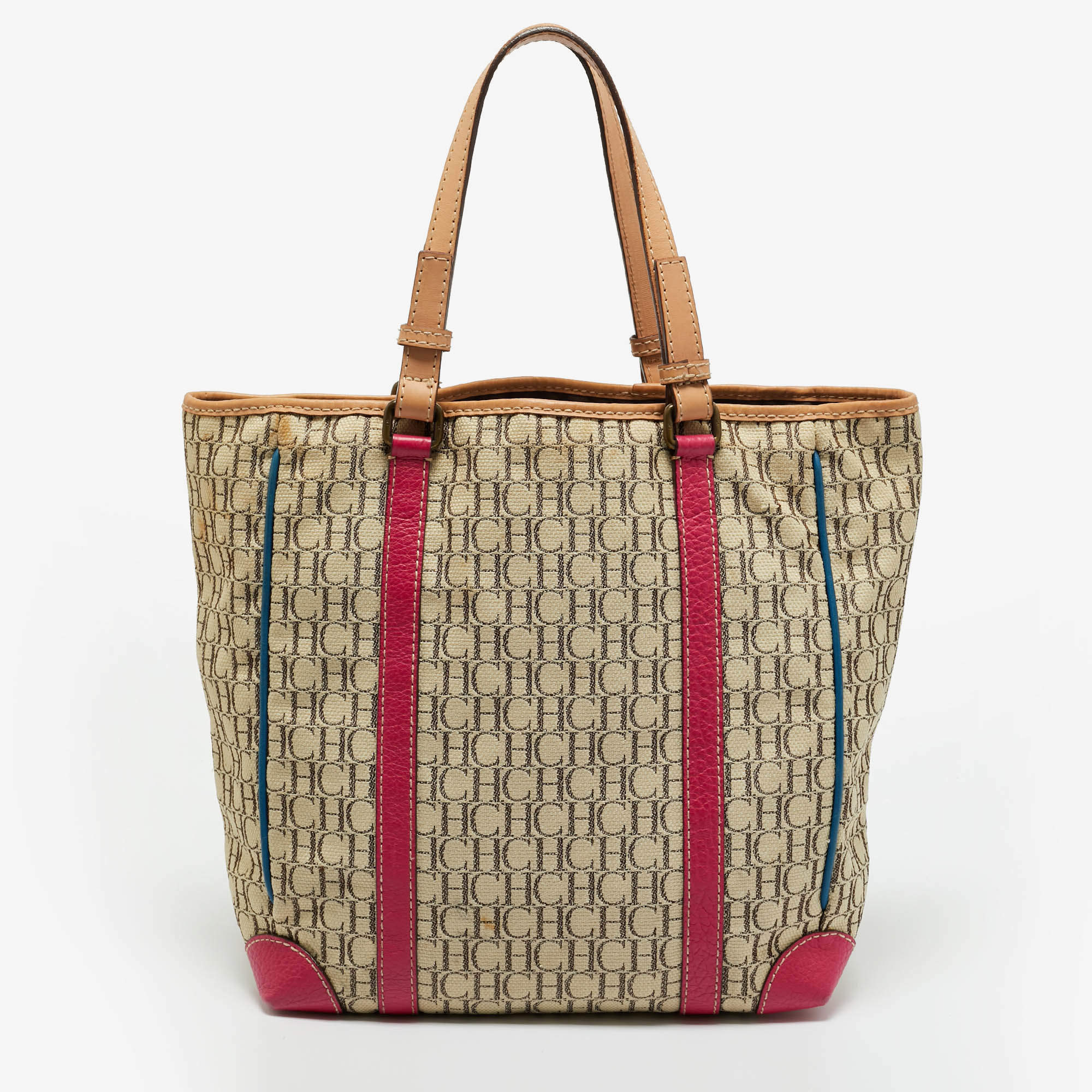 Pre Owned CH Carolina Herrera Multicolor Logo Jacquard Canvas and Leather Tote