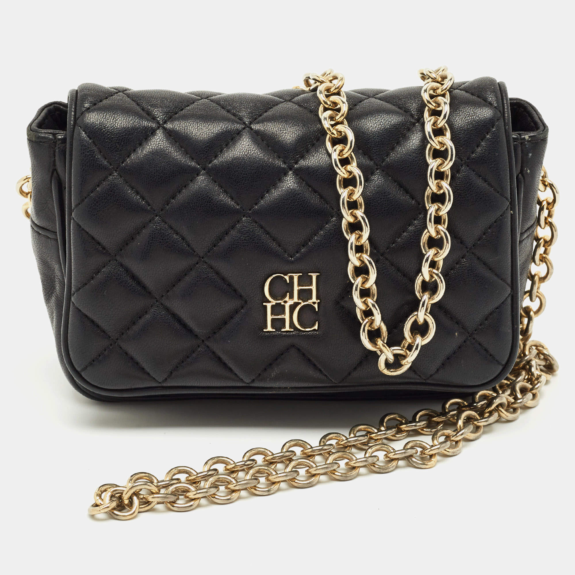 Pre Owned CH Carolina Herrera Black Quilted Leather Chain Crossbody Bag