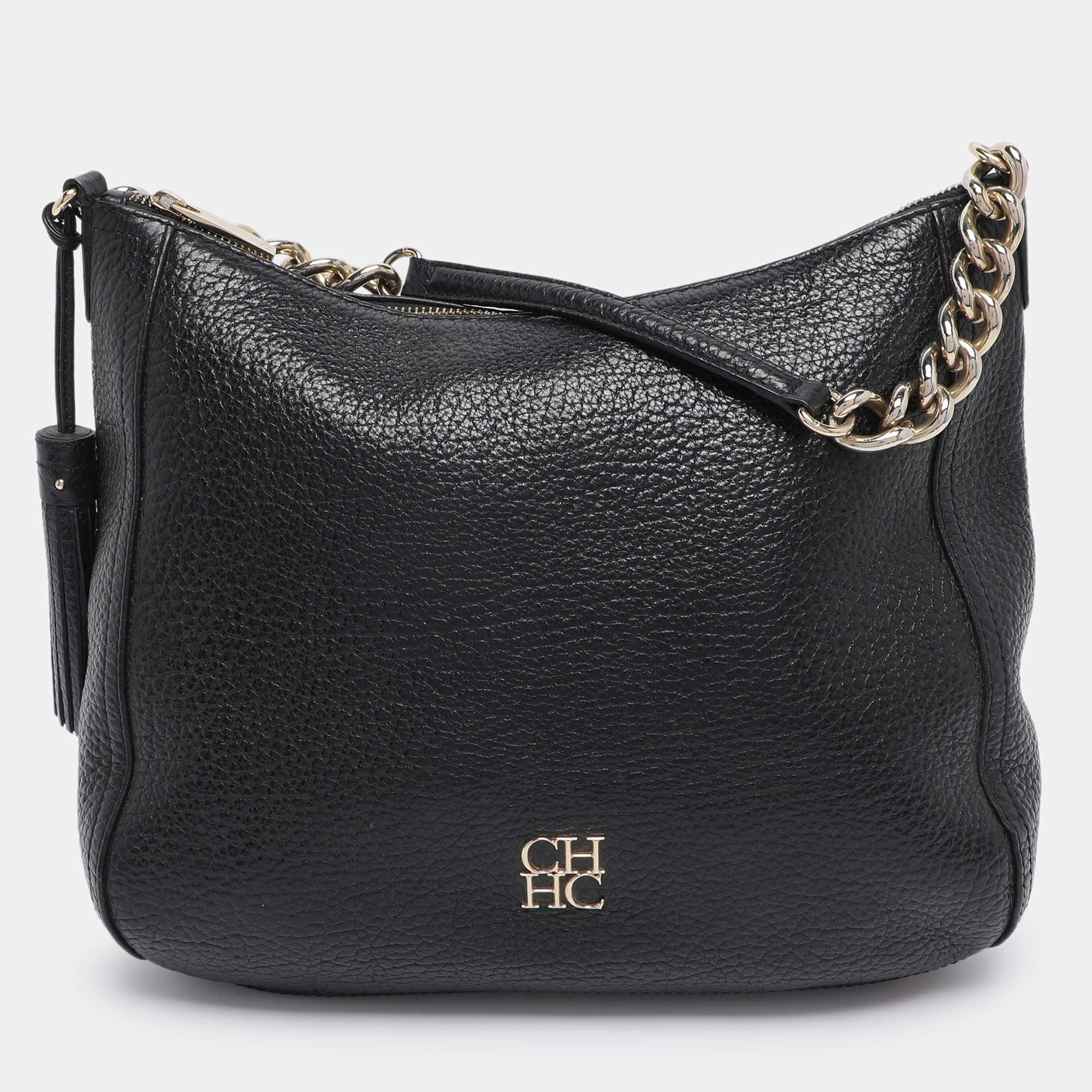 Pre Owned CH Carolina Herrera Black Leather Tassel Shoulder Bag